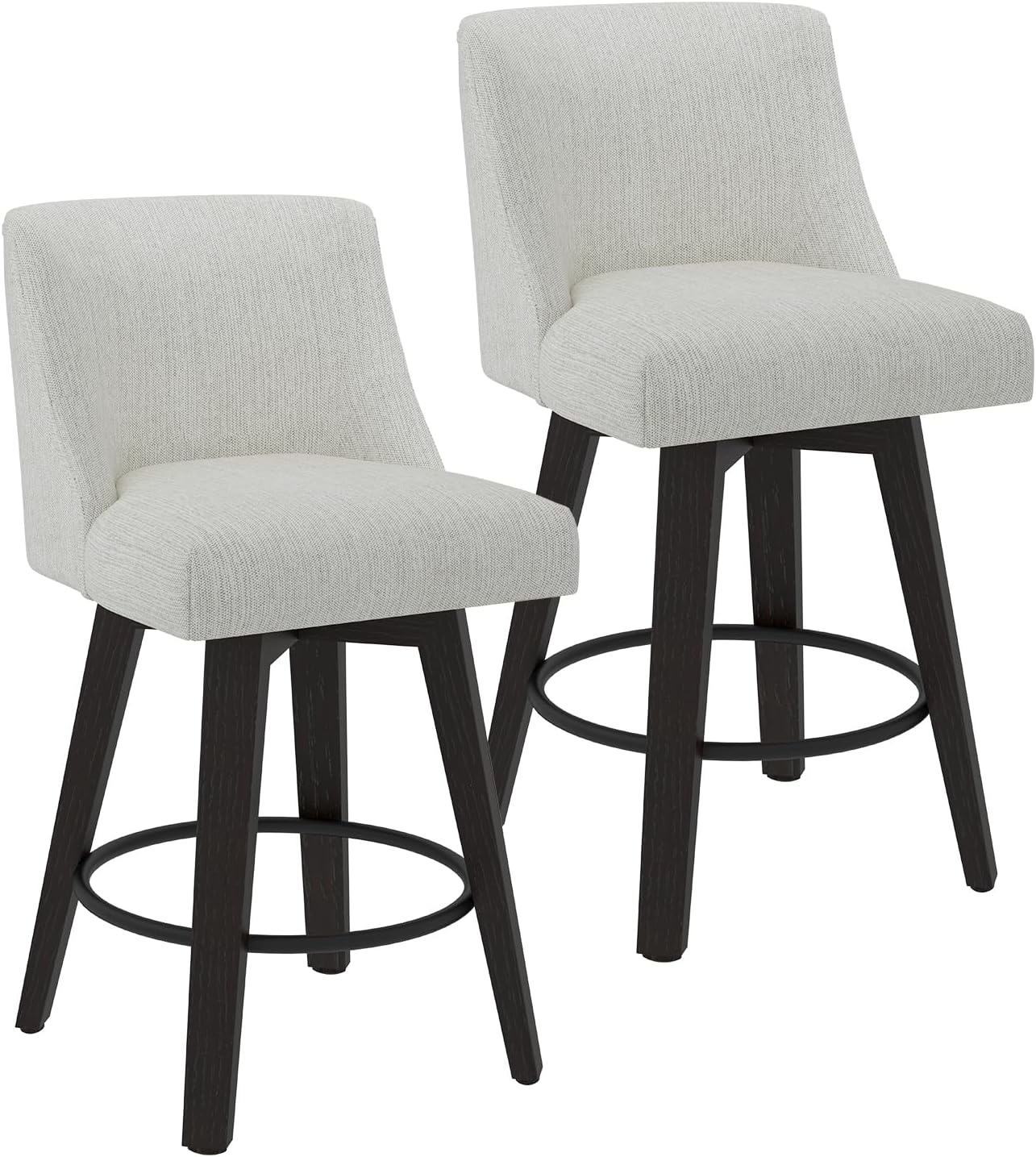 Counter Height Swivel Bar Stools Set of 2, 26 Inch Bar Stools with Footrest, Linen Fabric Upholstered Barstools with Back and Solid Wood Legs for Kitchen Island, Dining Room,Pub,White