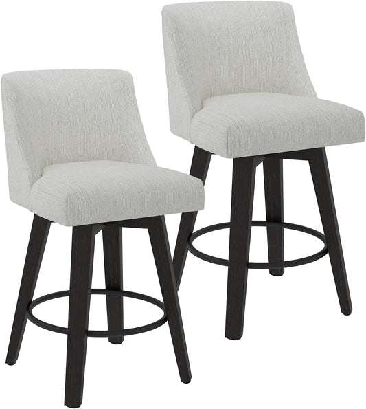 Counter Height Swivel Bar Stools Set of 2, 26 Inch Bar Stools with Footrest, Linen Fabric Upholstered Barstools with Back and Solid Wood Legs for Kitchen Island, Dining Room,Pub,White