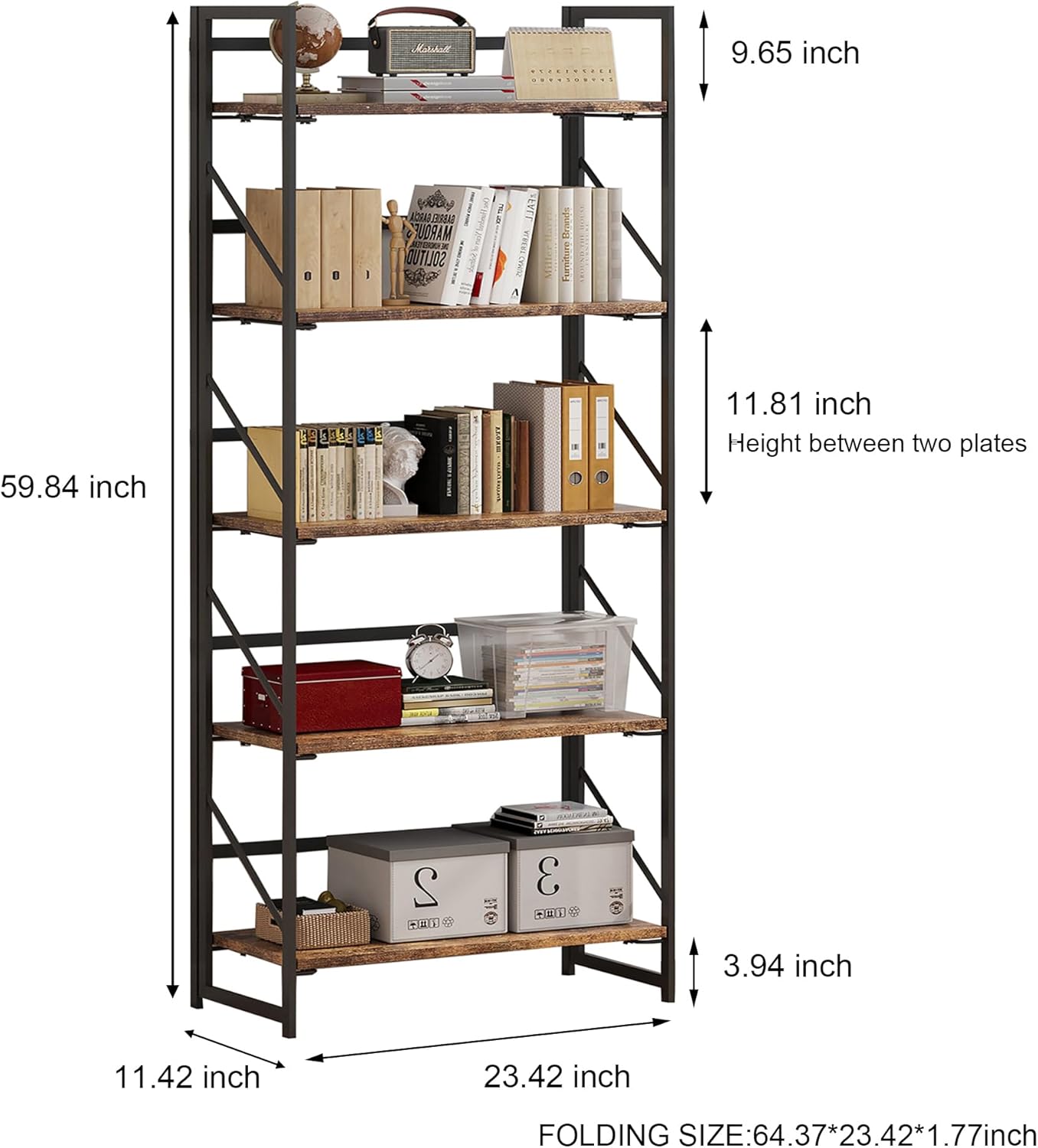 JSB No Assembly Folding Bookshelf, 5 Tier Industrial Metal Book Shelf for Storage, Vintage Wood Foldable Bookcase for Living Room, Bedroom, Office Organization Shelves