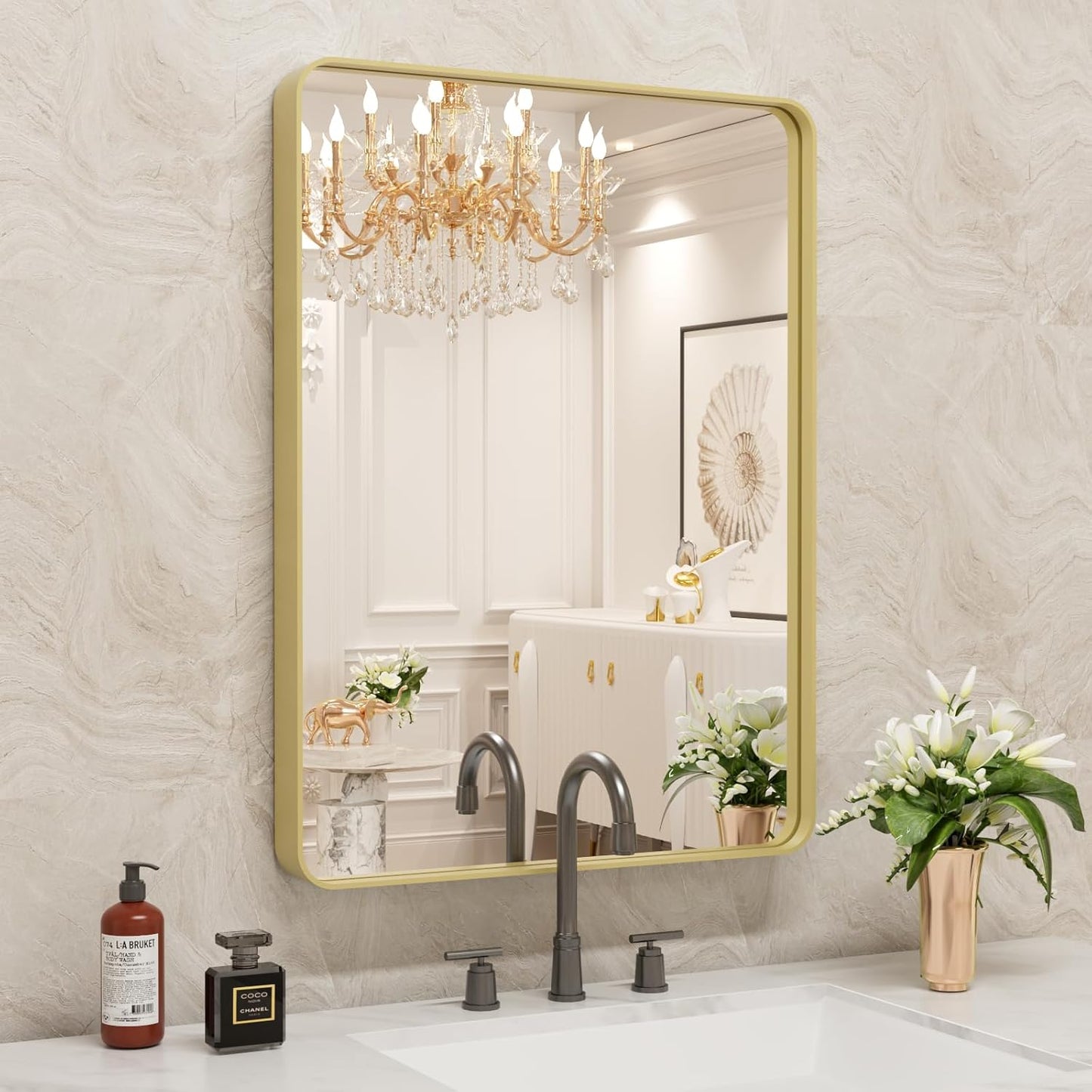 WEER Gold Bathroom Mirror, 22X30 Inch Brushed Gold Metal Frame Mirror, Rounded Rectangle Gold Bathroom Vanity Mirror for Wall, Tempered Glass, Anti-Rust, Hangs Horizontally or Vertically