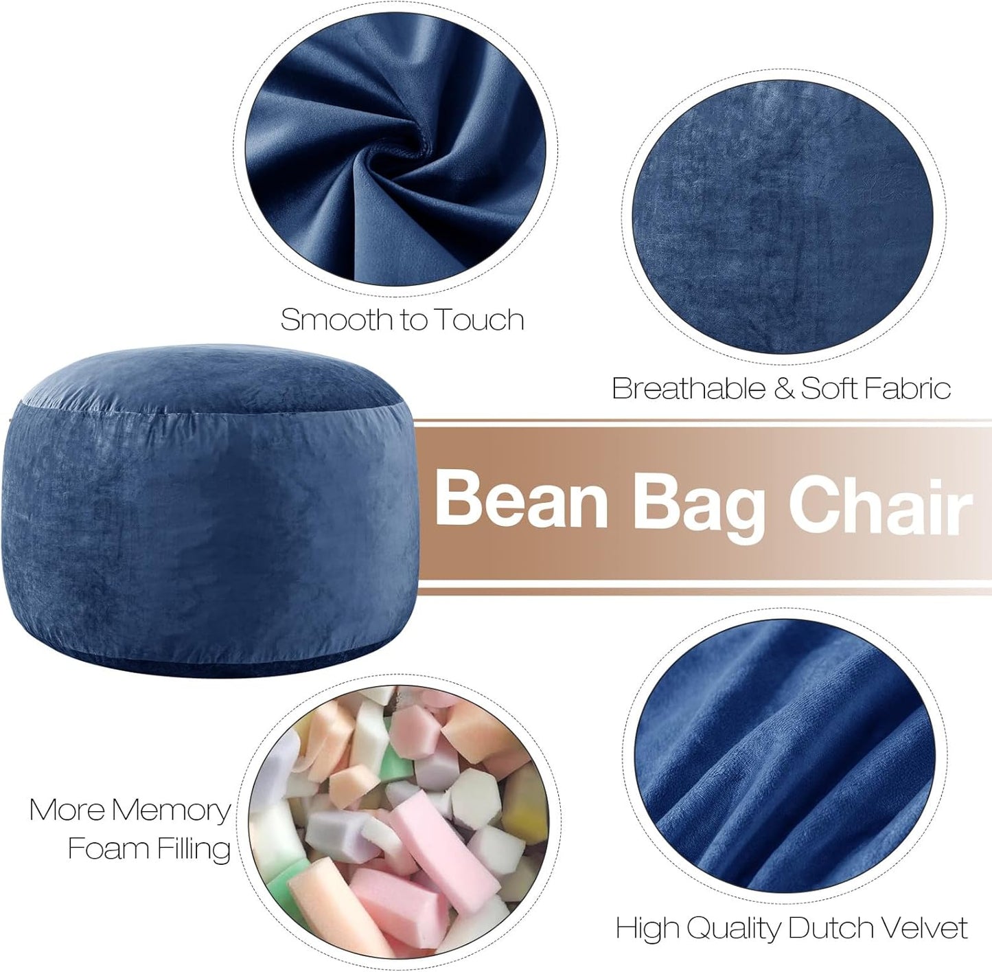 4 Ft Bean Bag Chairs for Adults/Teens with Memory Foam Filling, Comfy Bean Bag Sofa with Filler Included, Soft Dutch Velvet Fabric Beanbags,4 Foot, Navy