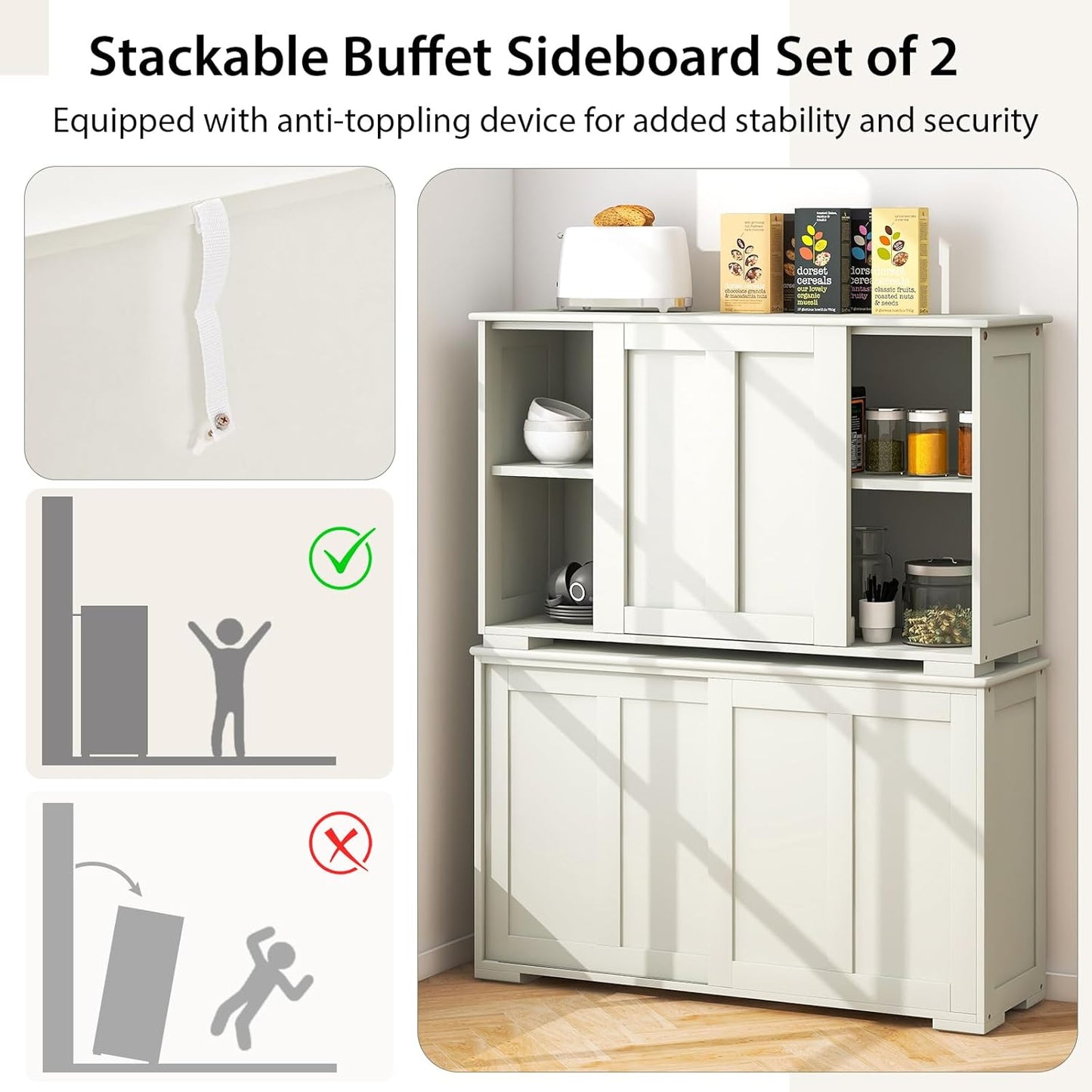 Costzon Sideboard Buffet Cabinet of 2, Wooden Kitchen Storage Cabinet with Adjustable Shelf, Sliding Barn Door, Accent Coffee Bar Cabinet Console Table for Living Room, Dining Room, Hallway