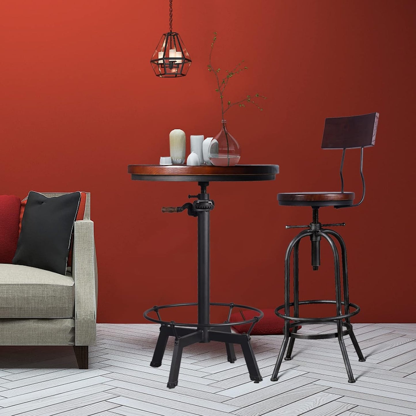 LOKKHAN Industrial Bar Table-33.5-39.4 Inch Tall-Adjustable Bar Height Pub Table-23.7 Inch Swivel Round Wood Top Metal Base-Easily Adjusts by Crank Handle