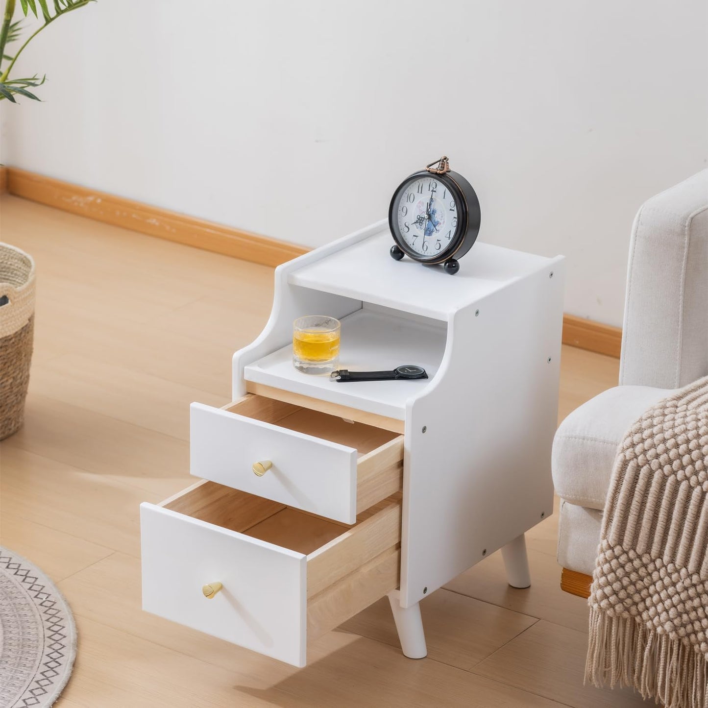 Small Nightstand, Narrow Nightstand, Solid Wood Night Stand, Narrow Side Table for Small Spaces, Couch, White Color 11.81 in Wide