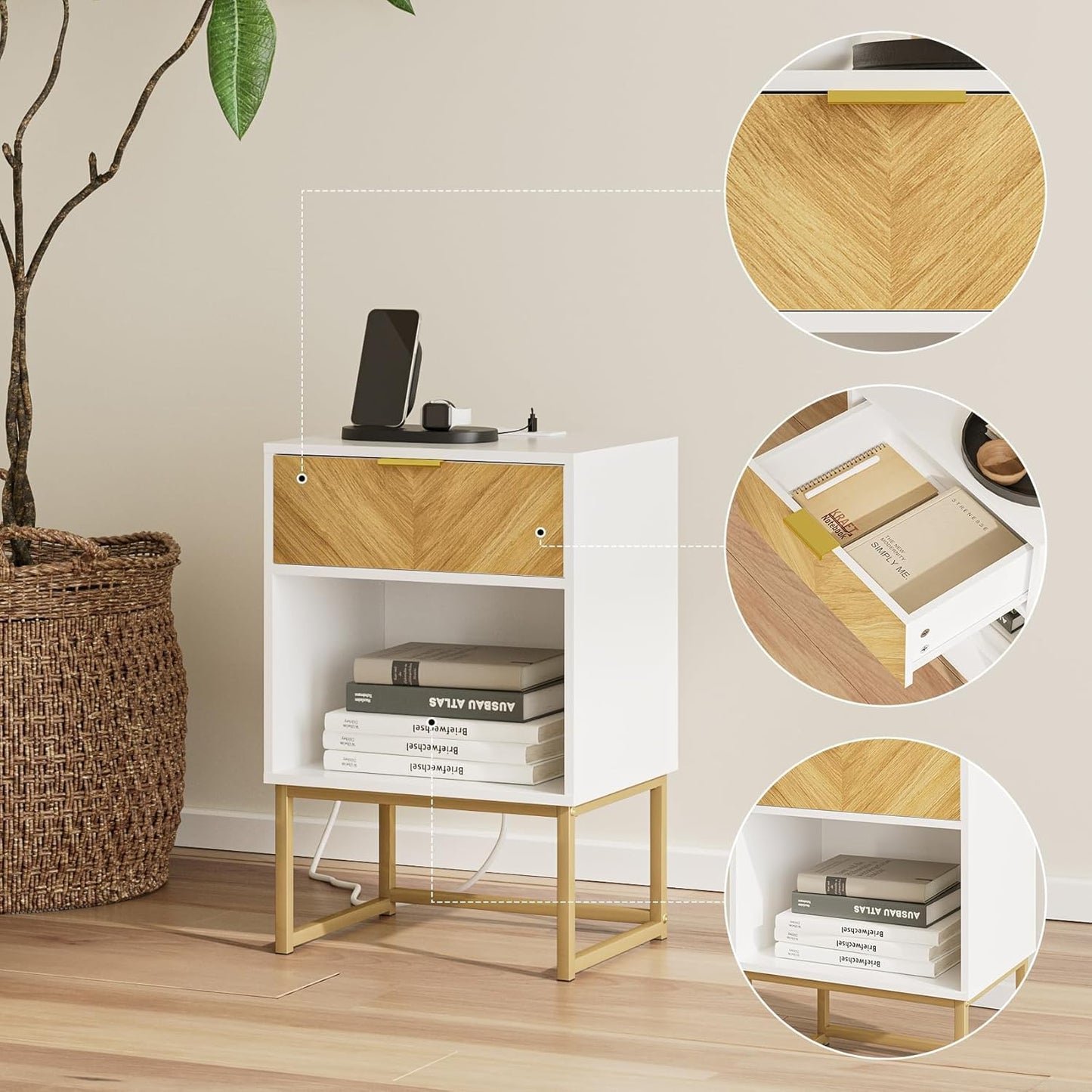 Masupu Nightstand with Charging Station,Modern Night Stand Boho Farmhouse Wood Bedside Table with Storage Drawer Side End Table for Bedroom,Living Room,Office,White with Outlet