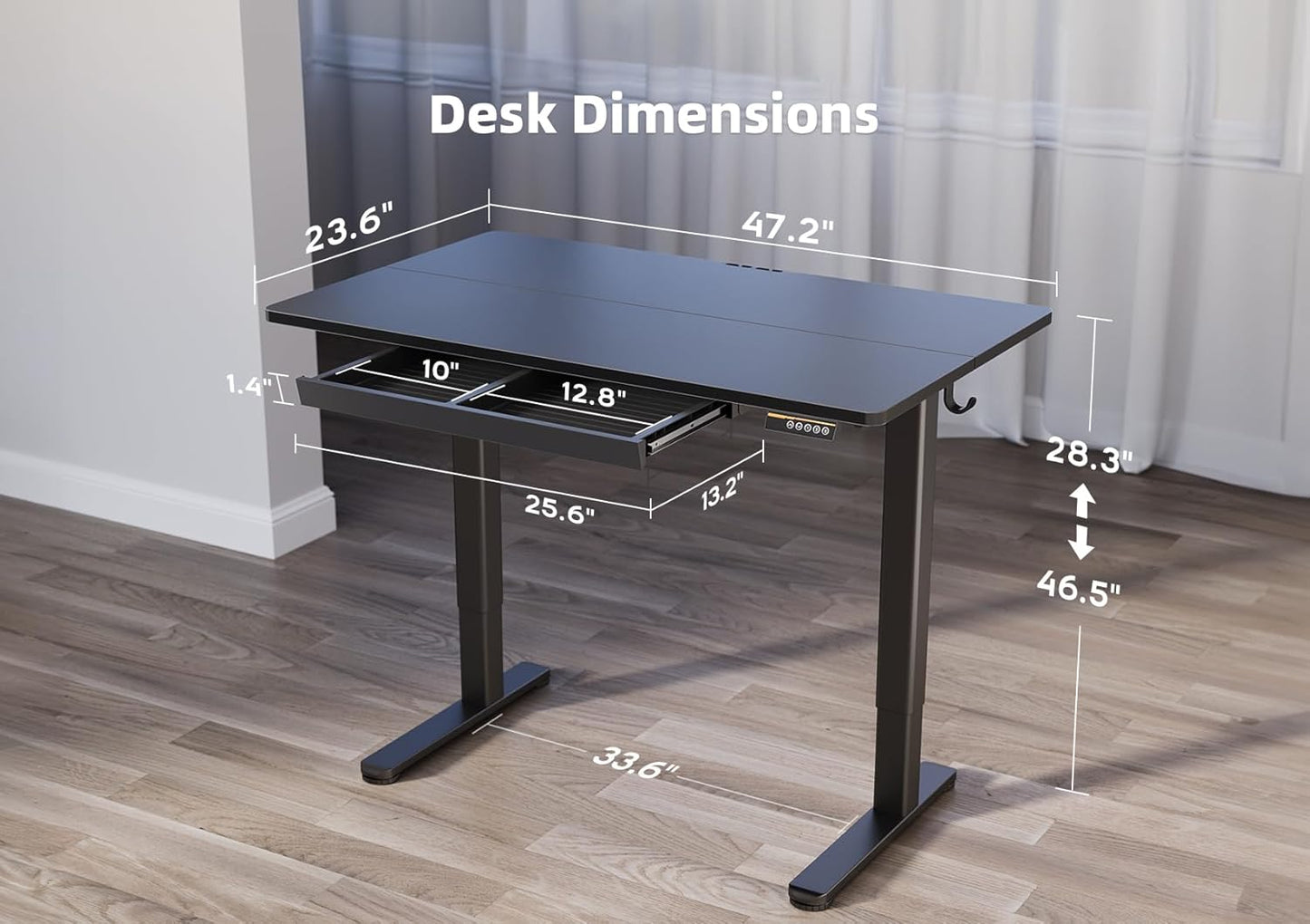 YDN Standing Desk with Drawers, 48 x 24 Inch Adjustable Height Stand Up Desk, Sit Stand Computer Desk for Home Office, Black