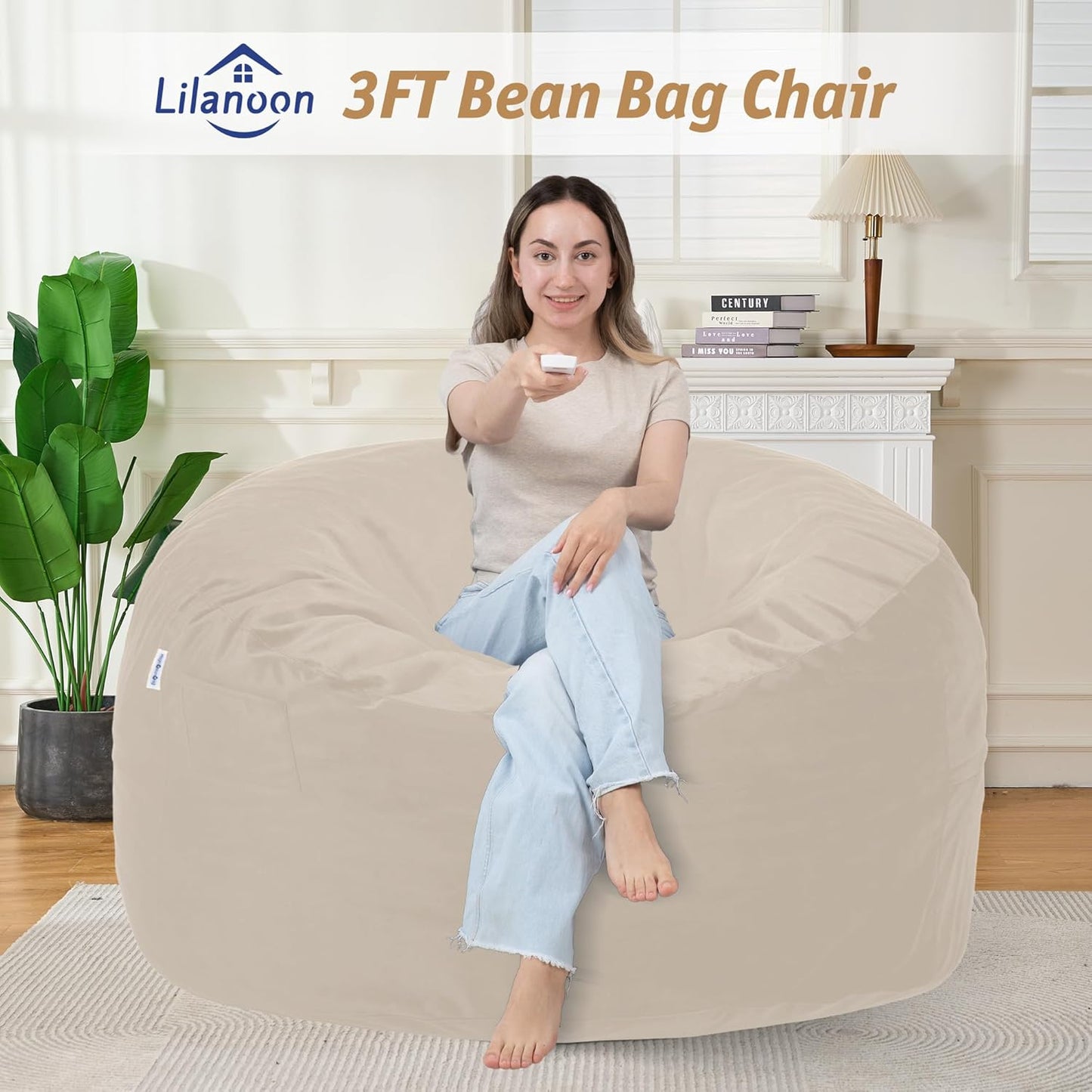 3FT Bean Bag Chair with Ultra Soft Velvet Cover Bean Bag Sofa with Memory Foam Bean Bag Chairs with Large Size Lazy Sofa for Dorm Office Living Room Bedroom Beige 3'