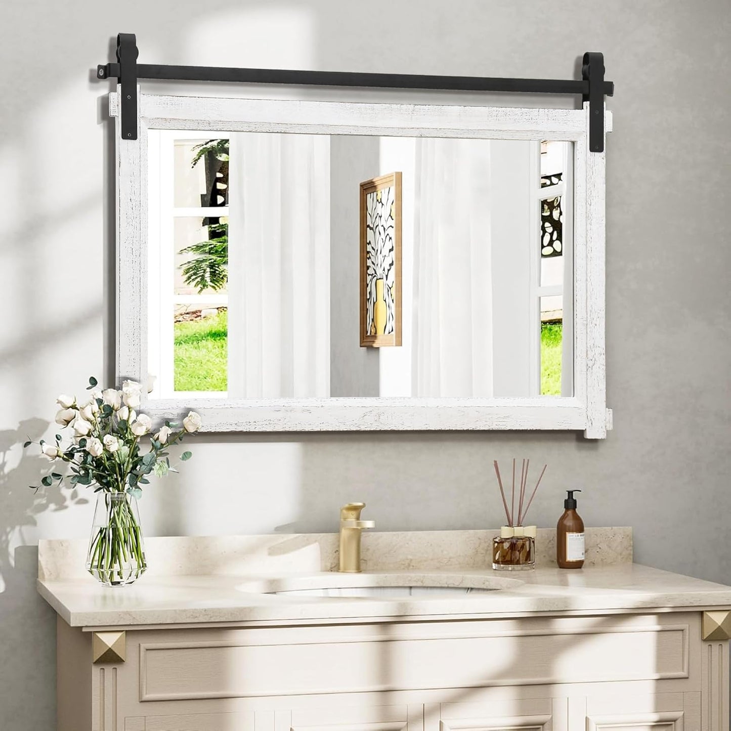 Bathroom Barn Door Mirror: 42"x28" White Farmhouse Wood Frame - Rustic Wall Mirror for Entryway/Living Room Wall Decor