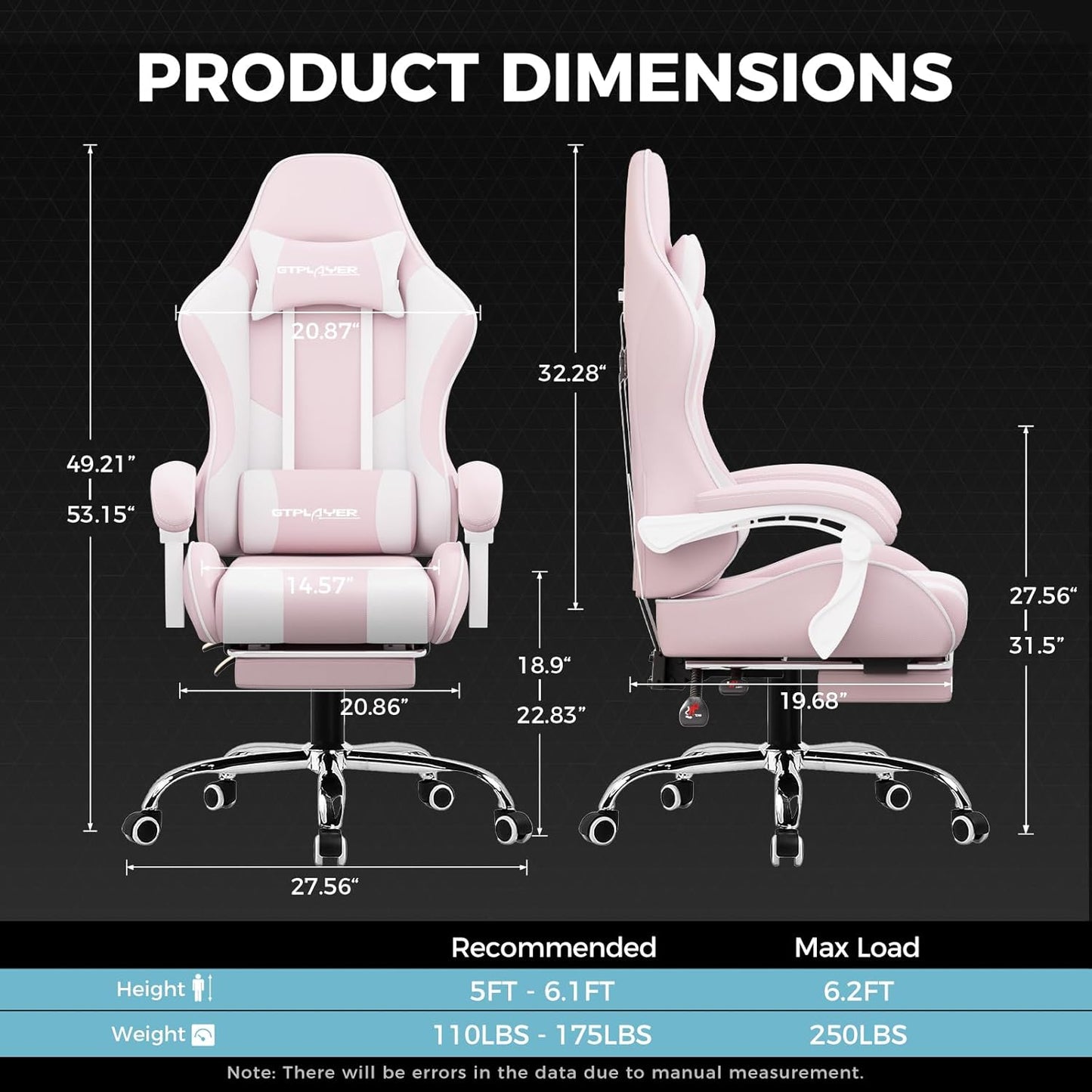 GTPLAYER Gaming Chair with Footrest, Computer Chair with and Lumbar Support, Height Adjustable Game Chair with 360°-Swivel Seat and Headrest and for Office or Gaming (Pink-Fabric)