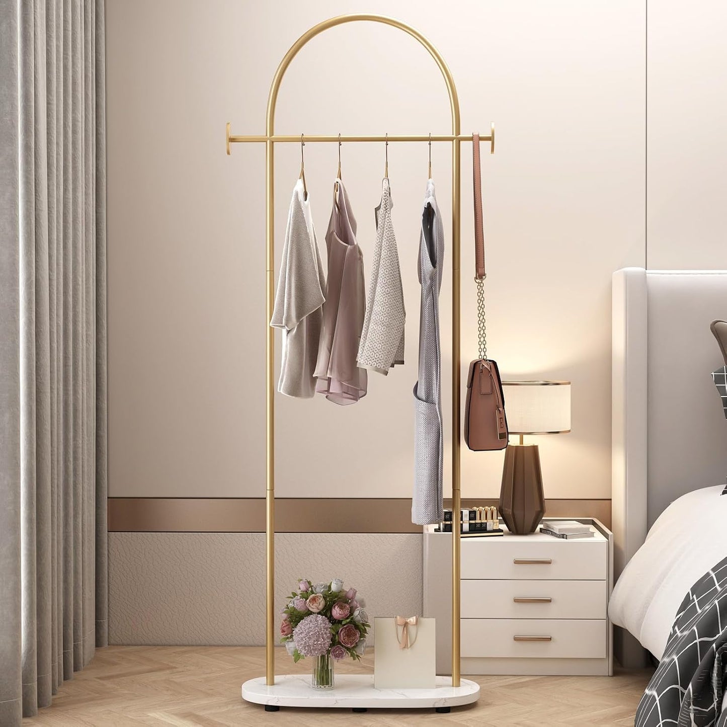 Gold Clothing Rack, Modern Clothes Rack with Shelf, Heavy Duty Freestanding Coat Rack, Metal Coat Hanger Stand with Hooks for Boutique Office