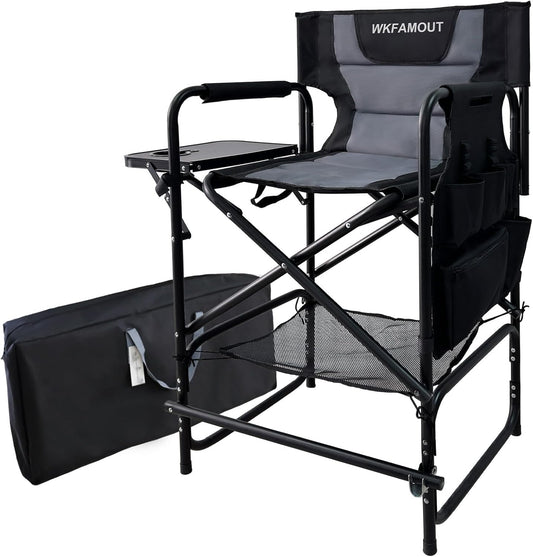 Tall Folding Directors Chair with Side Table 26.77" Seat Height Foldable Camping Chair Bar Stool for Makeup Artist Face Painting with Footrest and Storage Pocket Supports 350LBS