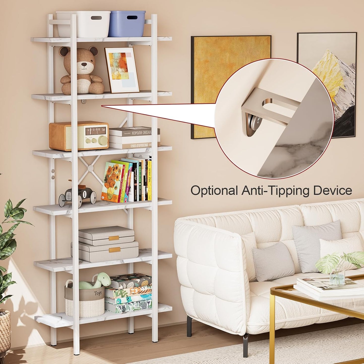 Bookshelf 6 Tiers White Wooden Storage Shelf,Modern Open Display Storage Bookcase Book Organizer,Metal Bookshelf Standing Storage Shelf Tall Shelving Units for Home Office Study