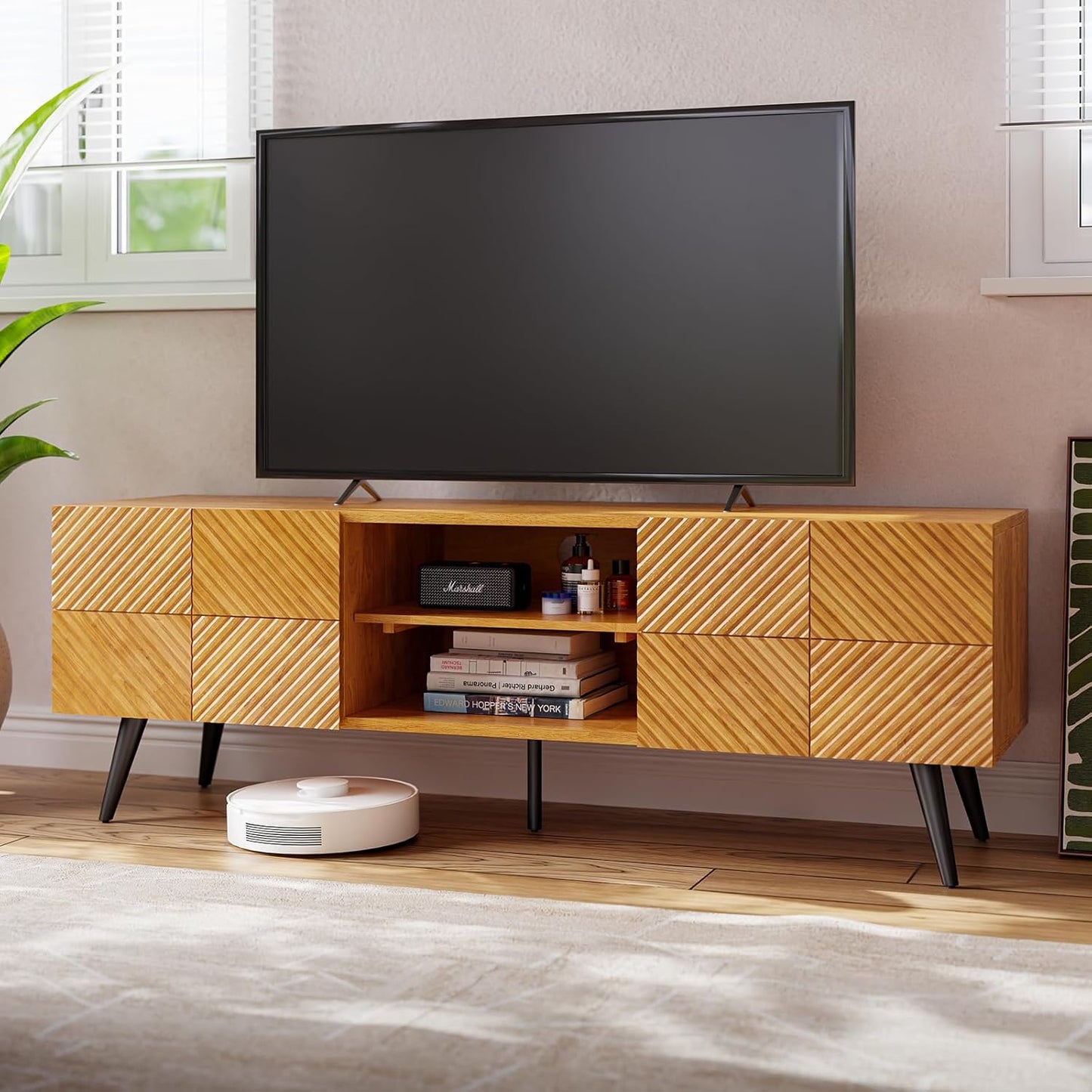 Bme Rhombus Wooden TV Stand with Storage Cabinets – Solid Acacia Wood, Geometric Rhombus Pattern Doors, Scandinavian Modern Entertainment Console with Metal Base