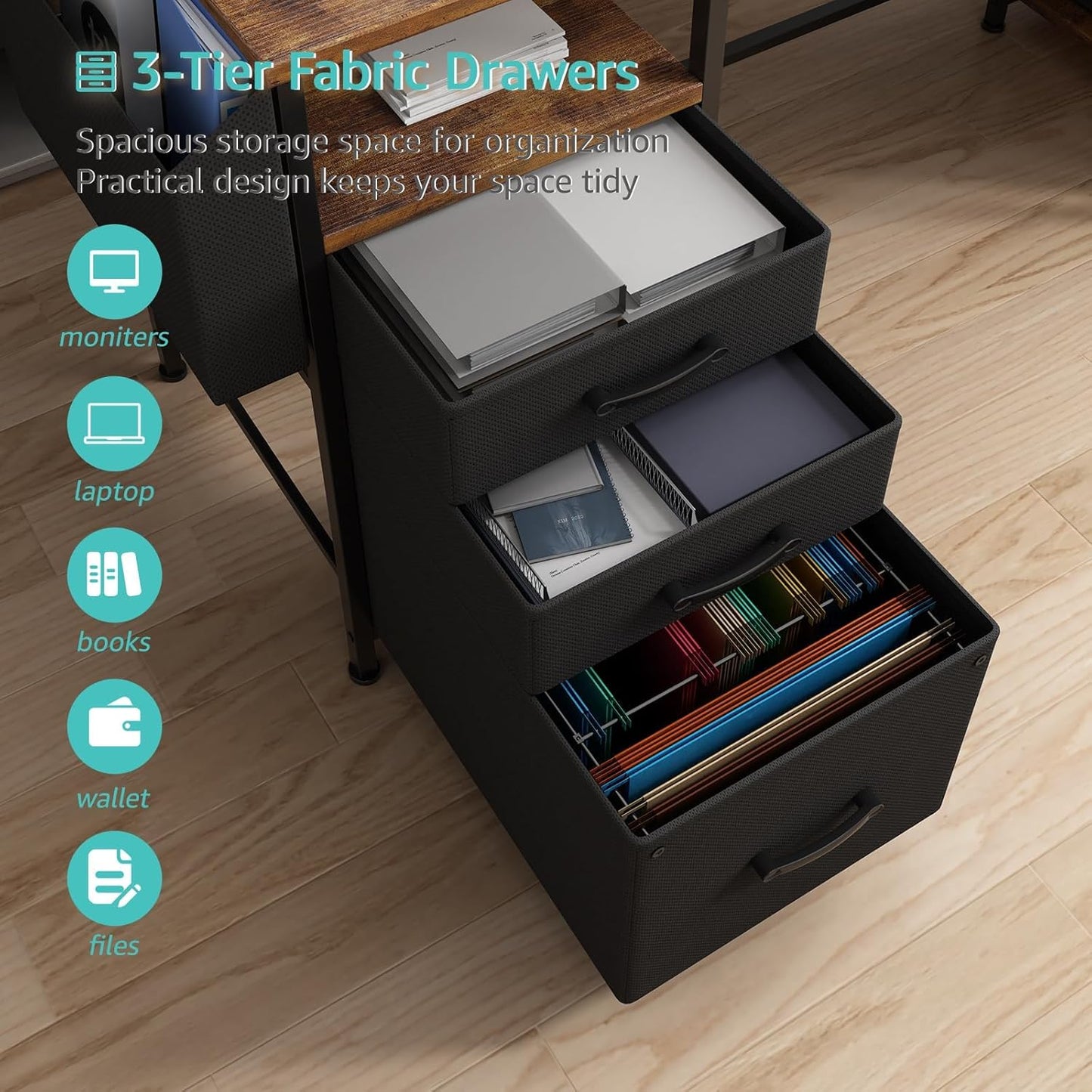 Lufeiya Gaming Desks with Led Lights and Power Outlets, 55 Inch Study Writing Computer Desk with Fabric File Drawers Cabinet for Bedroom, Home Office Desk with Shelves Monitor Stand, Rustic Brown