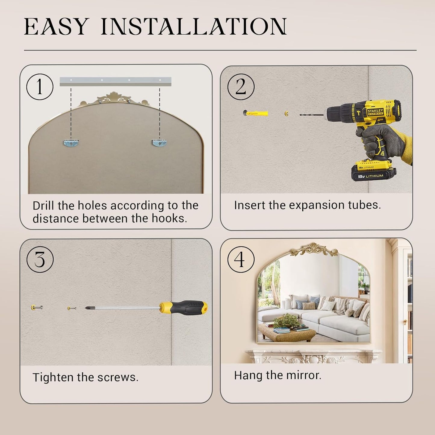 MISSDAY Vintage Retro Gold Baroque Mirror for Wall, 36"X30" Arched Antique Wall Mirror with Elegant Carving Top, Full Metal Frame Wall-Mounted Mirror for Bathroom, Living Room, Fireplace, Entryway