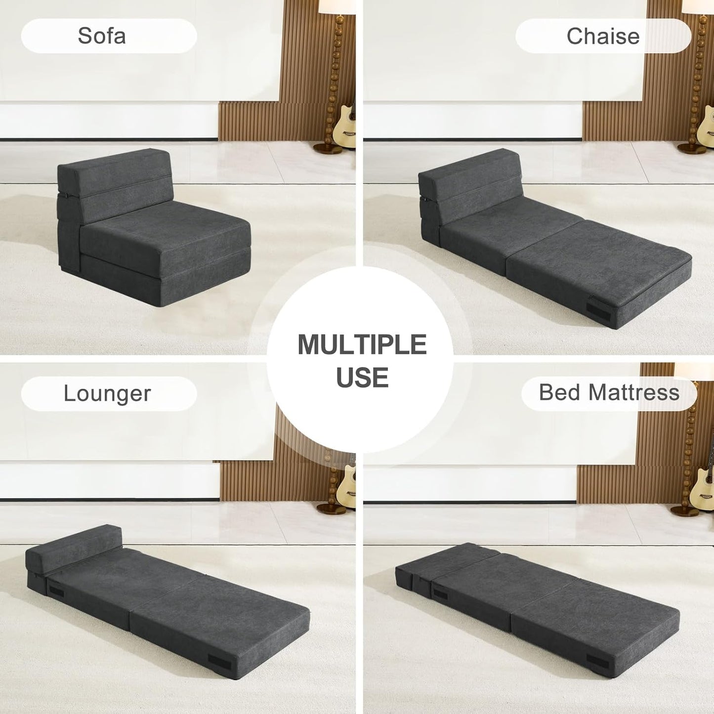 ANONER Fold Out Chair Bed Memory Foam with Pillow Futon Couch Folding Sleeper Chairs, Convertible Chair Bed Dark Gray, Single Size