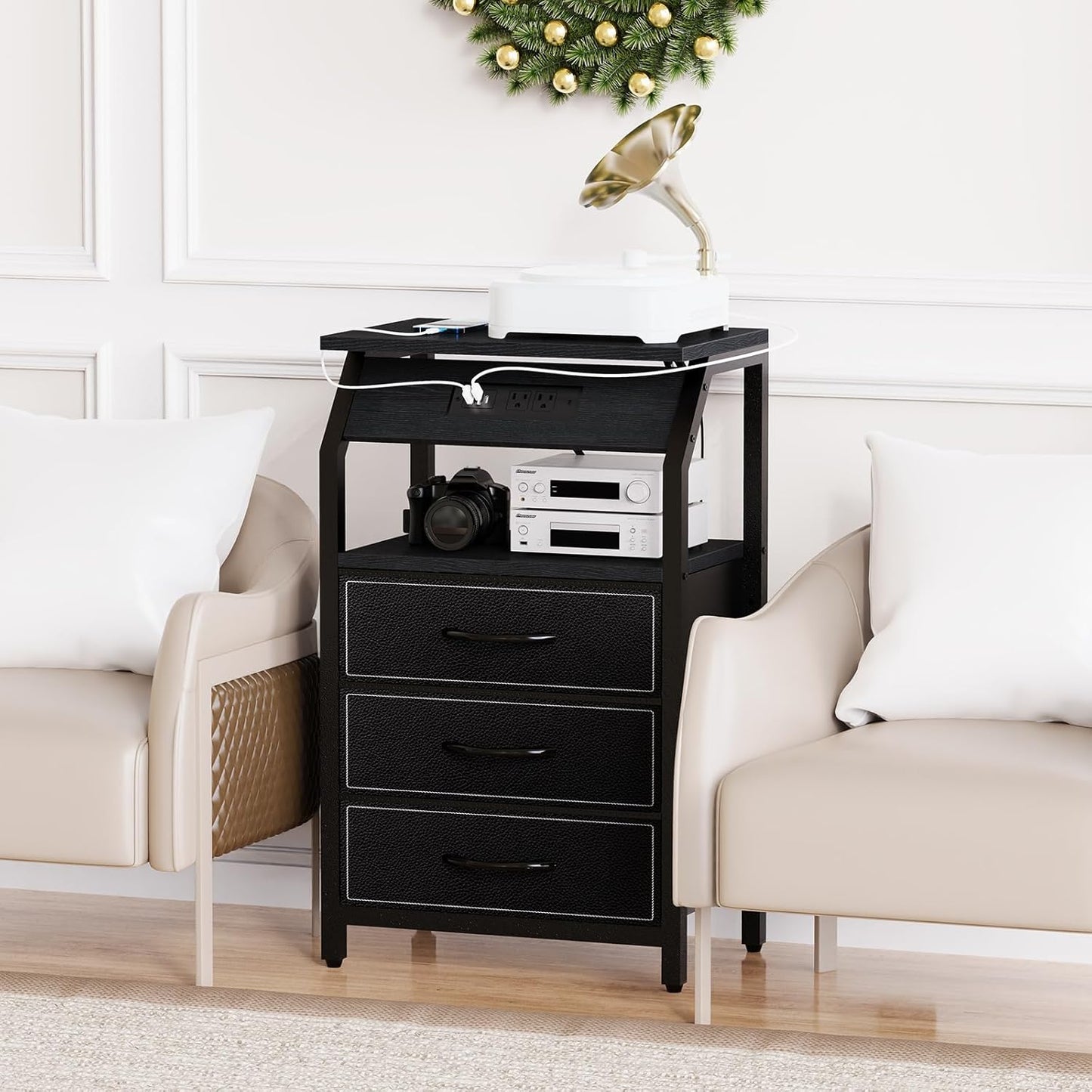 End Table with 3 Drawers, Nightstand with Charging Station and LED Lights, Small Fabric Dresser for Bedside, Storage Side Table for Living Room Dorm, Black