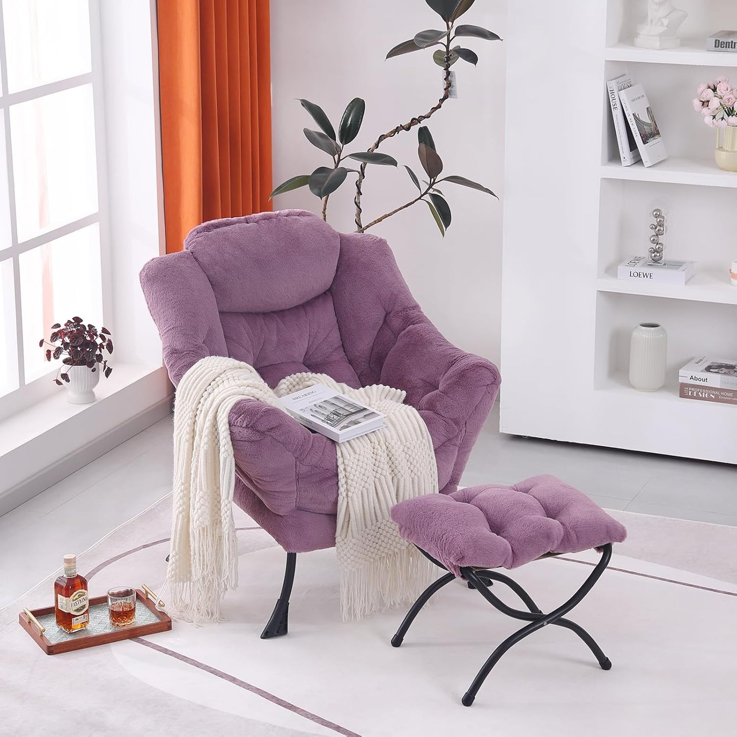 Lazy Chair with Ottoman, Modern Accent Chair Contemporary Lounge Leisure Sofa Chair with Armrests, Reading Chair and Folding Footstool Set for Living Room, Bedroom, Office