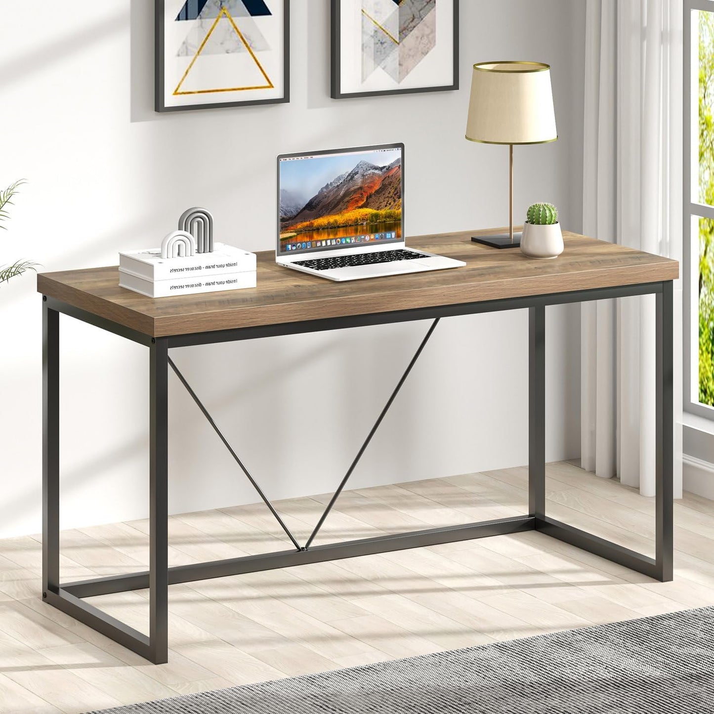 FOLUBAN Modern Home Office Desk, Rustic Wood and Metal Computer Desks, Industrial Study Writing Gaming Table Workstation, Vintage Laptop PC Desk, Oak 53 Inch