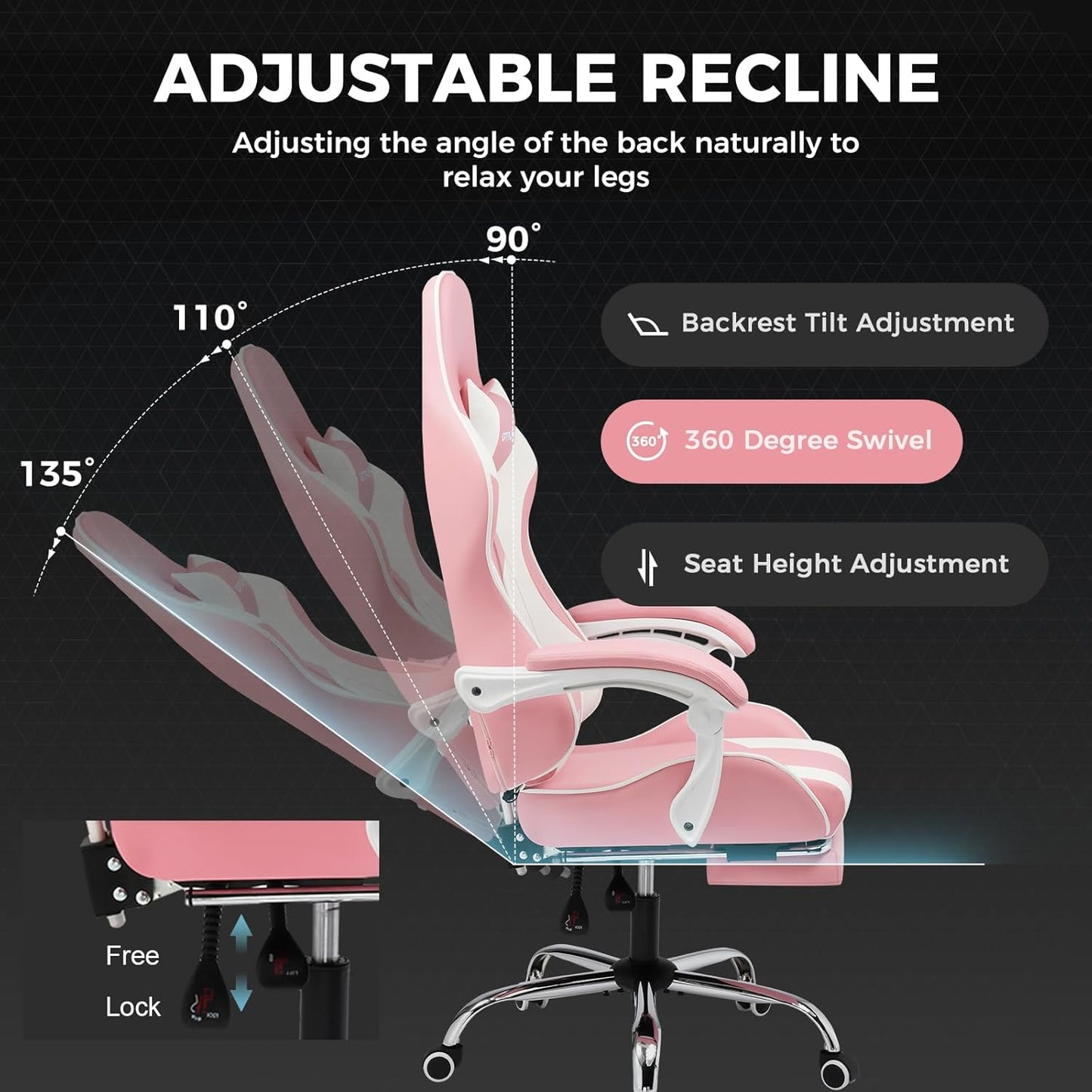 GTPLAYER Gaming Chair, Computer Chair with Footrest and Lumbar Support, Height Adjustable Game Chair with 360°-Swivel Seat and Headrest and for Office or Gaming (Faux Leather, Pink)