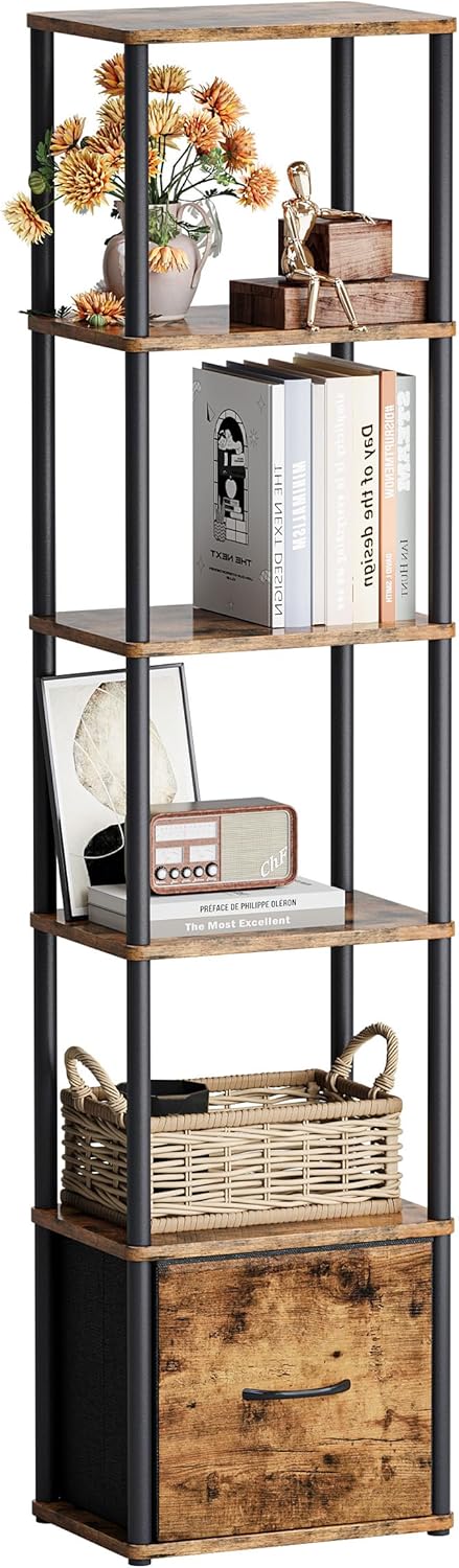 6-Tier Bookshelf with Drawer,Narrow Bookshelves Organizer,Floor Standing Ladder Shelf,Tall Bookcase for Small Space,Book shelf with Storage for Living Room, Bedroom, Office, Study Rustic Brown HBC505R