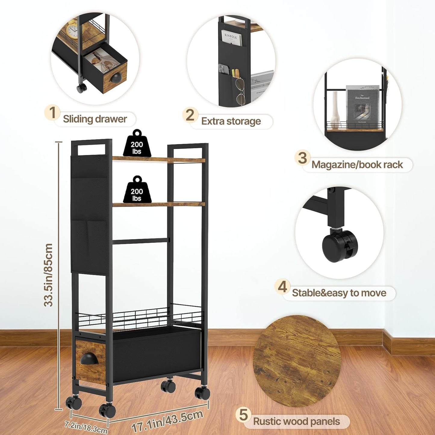 Narrow Side Tables with Drawer for Small Spaces, Small End Table Slim Nightstand with Wheels, Space Saving Skinny Thin Bedside Sofa Coffee Desk with Storage Bag for Bedroom Living Room Couch