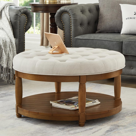 24KF Upholstered Round Coffee Table with Wooden Shelf, Tufted Button Large Round Ottoman with Spindle Wooden Legs, Linen Large Footrest Ottoman Pouf for Living Room, Ivory