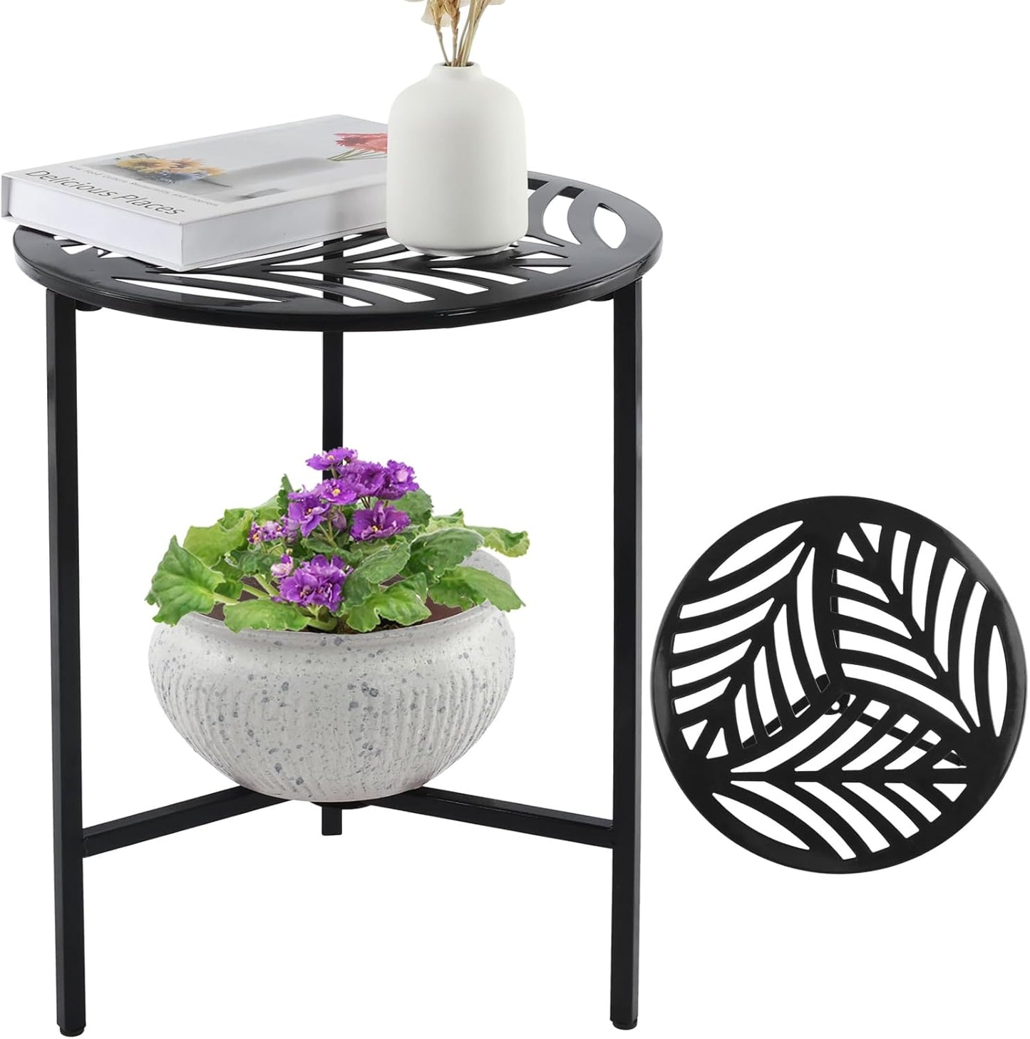 Party Zealot 1 Pack 13" Metal Outdoor Side Tables Small Black Outside End Table for Patio Round Accent Corner Stand for Small Spaces Weather-Resistant Coffee Table for Balcony Porch Plant Stand, Leaf