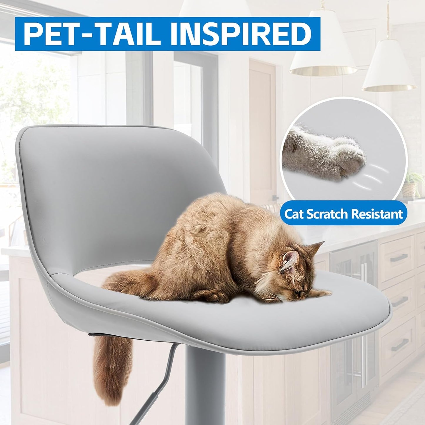 YOUNIKE Bar Stools Set of 2 All Grey Swivel Barstools, Adjustable Counter Height Bar Stools Faux Leather Upholstered Counter Stools with Hollow Back for Kitchen Island