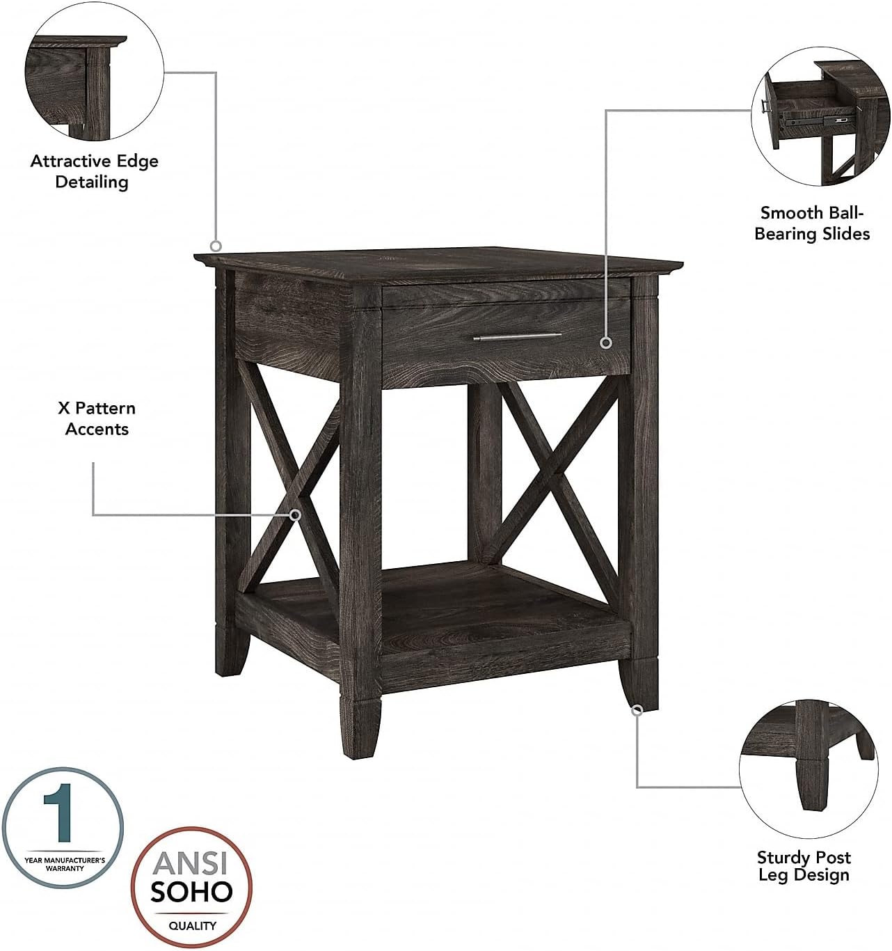 Bush Furniture Key West Coffee Table with Set of 2 End Tables in Dark Gray Hickory