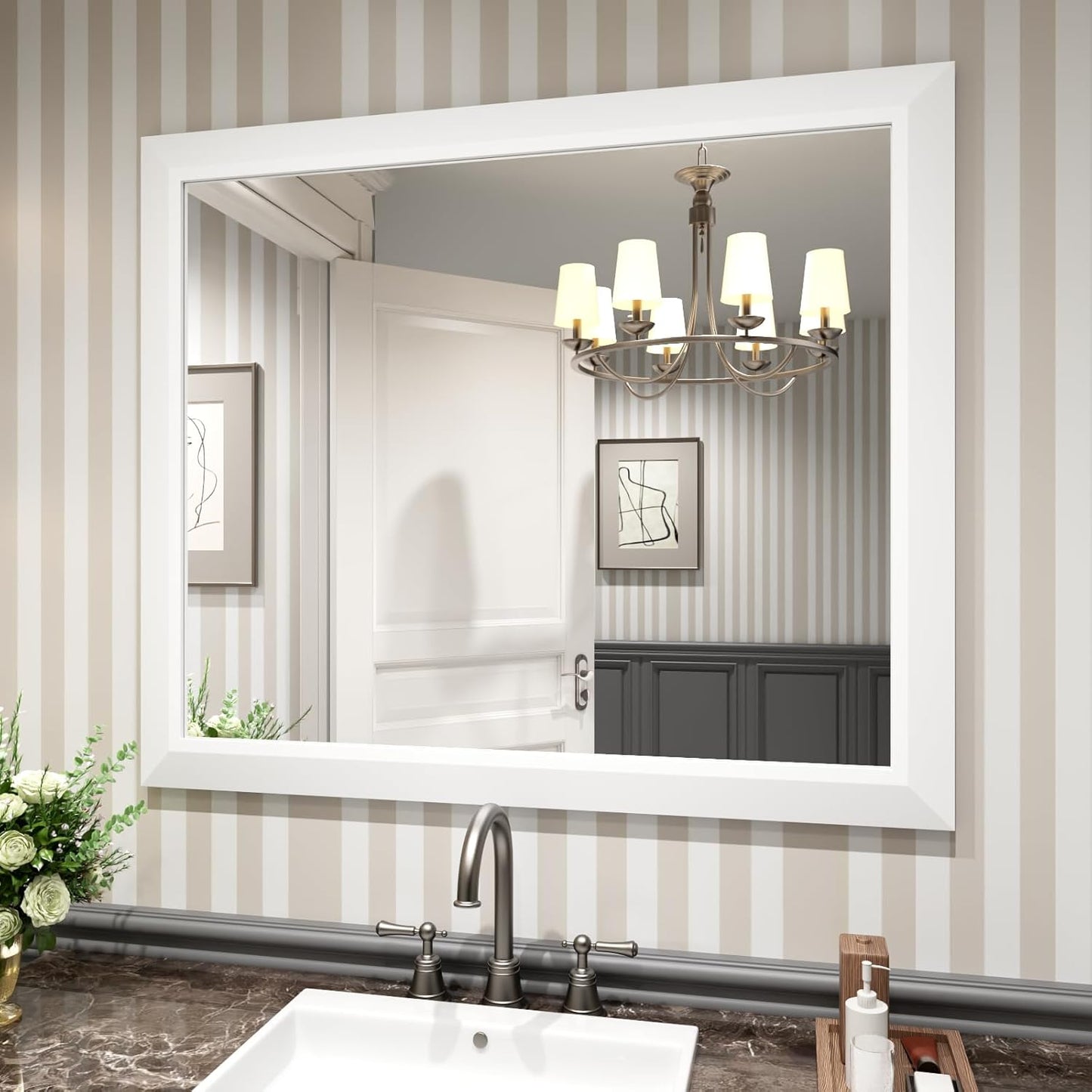 Amorho Bathroom Mirror, 40x36 Inch White Thick Metal Framed Wall Mirrors for Over Sink, Bedroom, Living Room, Entryway, Rectangle Wall-Mounted Mirrors(Horizontal/Vertical).