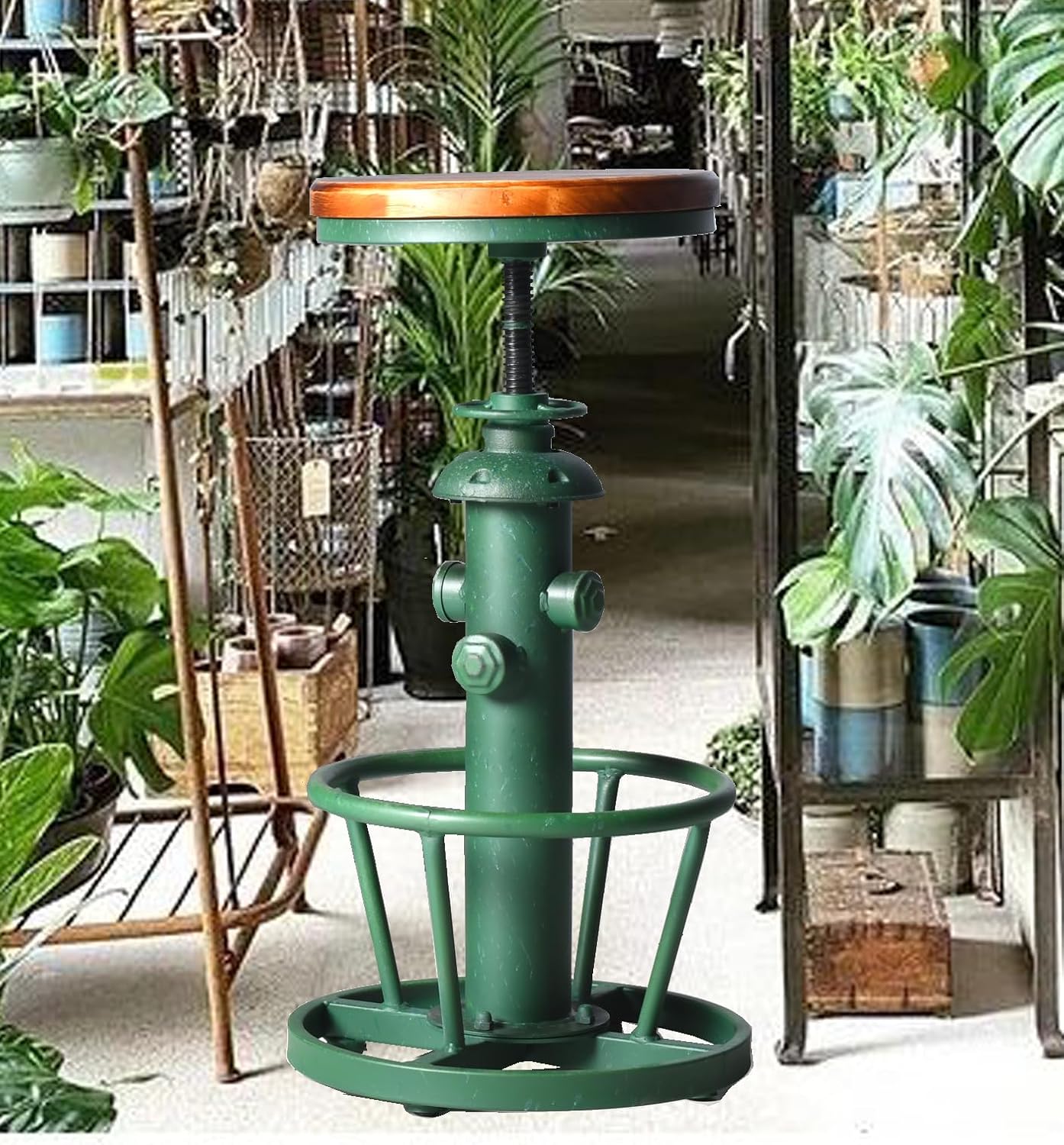 Topower Antique Industrial Round Bottom Adjustable Height Cafe Coffee Retro Vintage Stylish Water Pipe Design Pub Kitchen Bar Stool (Antique Green, Wooden Top)
