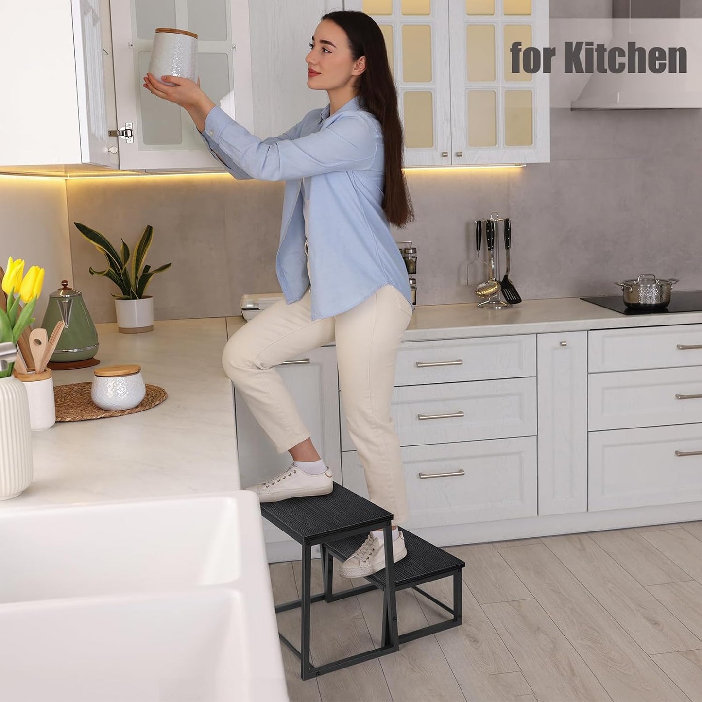 Vrisa Step Stool for Adults Wooden 2 Steps Footstool Heavy Duty RV Bedside Stepping Stool for High Beds with Metal Frame Hold Up 500LB Foot Stool for Kitchen Bathroom Bedroom, Black