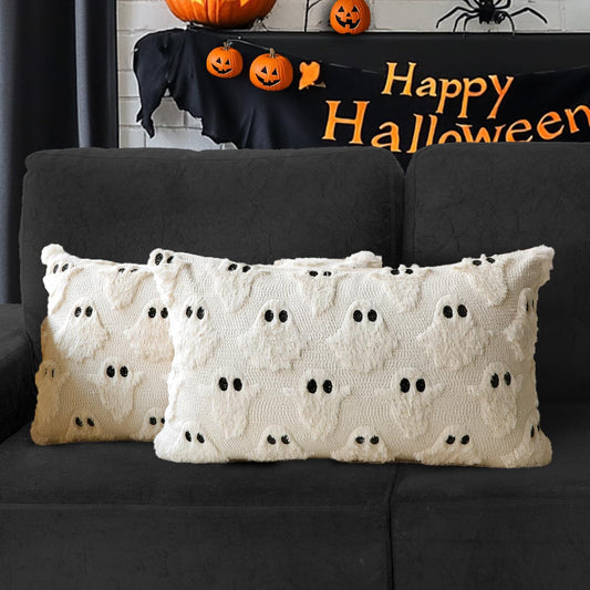 4TH Emotion Halloween Ghost Decorative Lumbar Pillow Covers 12x20 Set of 2, Beige Soft Plush Faux Fur Farmhouse Throw Cushion Cases for Fall Autumn Holiday Home Decorations