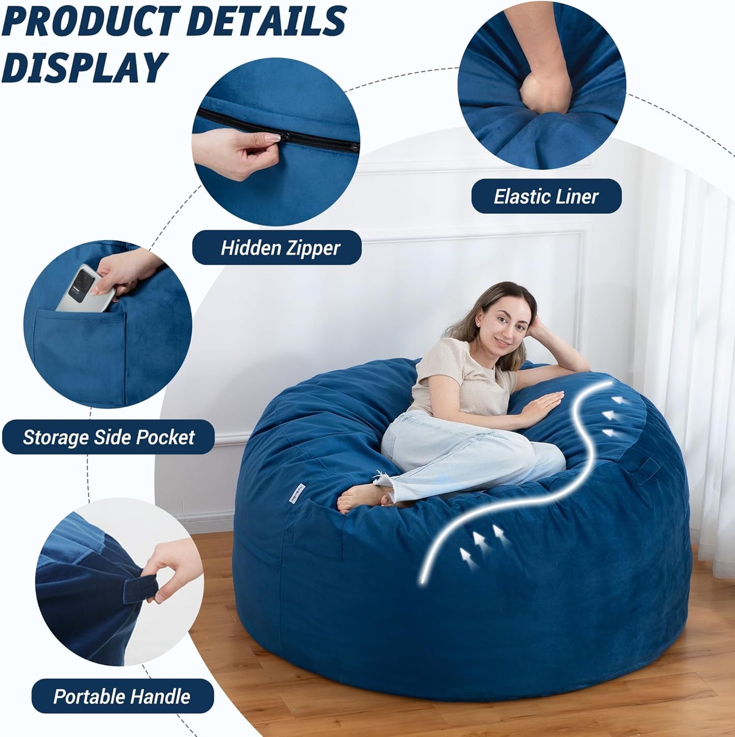 5FT Bean Bag Chair with Ultra Soft Velvet Cover Bean Bag Sofa with Memory Foam Bean Bag Chairs with Large Size Lazy Sofa for Dorm Office Living Room Bedroom Blue 5'