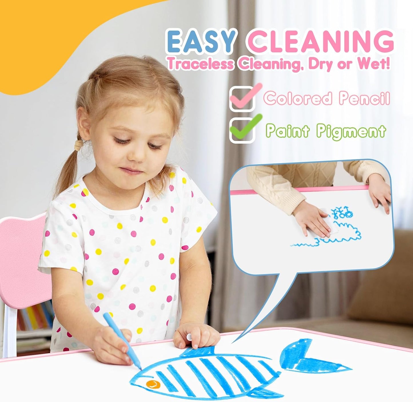 Kids Table & Chair Set with Adjustable Toddler-Safe Non-Slip Legs, Activity & Graffiti-Proof Desktop Ages 3-12