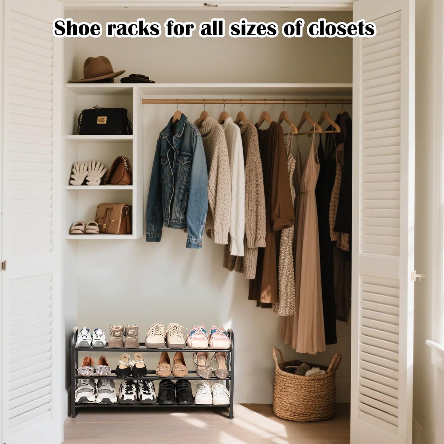 3-Tier Expandable Shoe Rack for Closet，Adjustable Shoe Rack，Black Metal Free Standing Shoe Rack for Entryway Closet Doorway