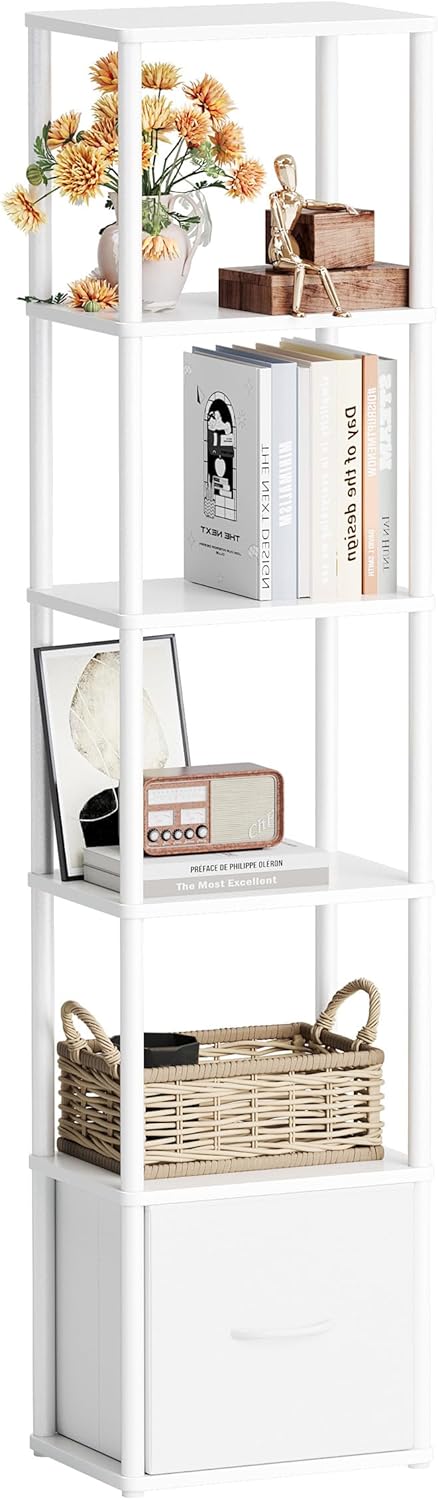 6-Tier Bookshelf with Drawer,Narrow Bookshelves Organizer,Floor Standing Ladder Shelf,Tall Bookcase for Small Space,Book shelf with Storage for Living Room, Bedroom, Office, Study White HBC505W