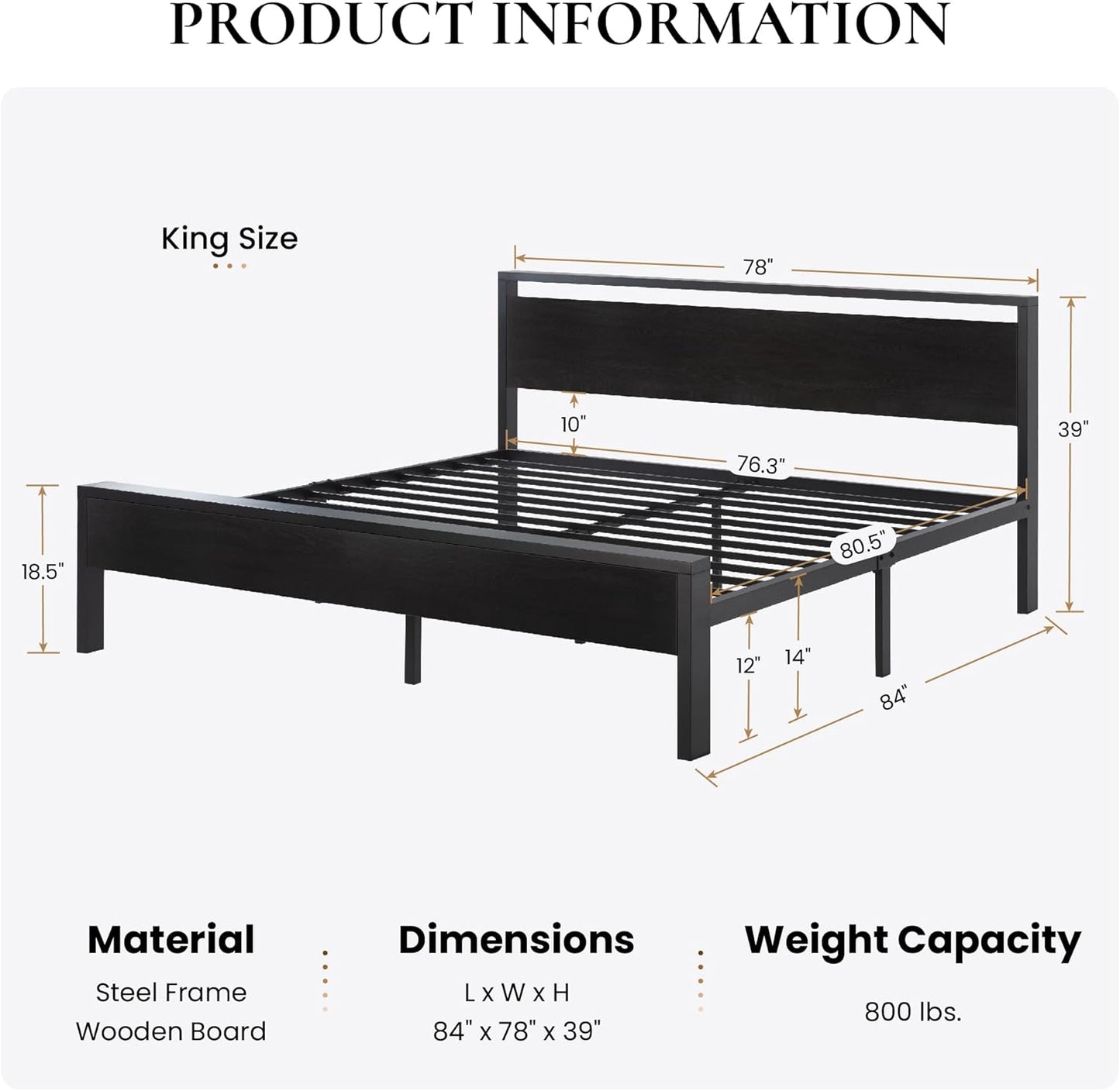 SHA CERLIN 14 Inch King Size Metal Platform Bed Frame with Wooden Headboard and Footboard, Mattress Foundation, No Box Spring Needed, Large Under Bed Storage,Black Oak
