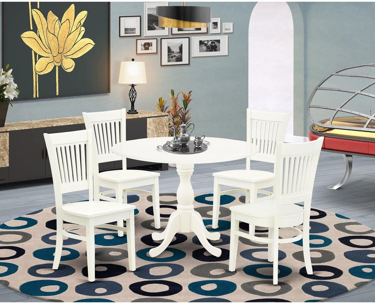 East West Furniture DMVA5-LWH-W 5 Piece Modern Dining Table Set Includes a Round Wooden Table with Dropleaf and 4 Kitchen Dining Chairs, 42x42 Inch, Linen White