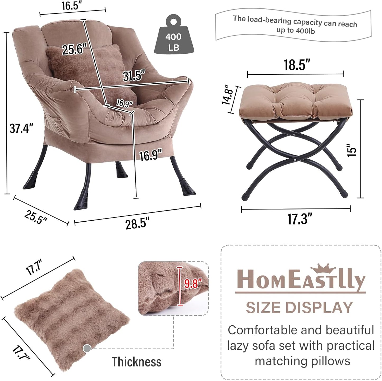 Large Lazy Chair with Ottoman, Accent Reading Chair with a Throw Pillow, Cozy Lounge Chair with Armrest, Leisure Sofa Chair for Living Room, Bedroom, Dorm, Khaki