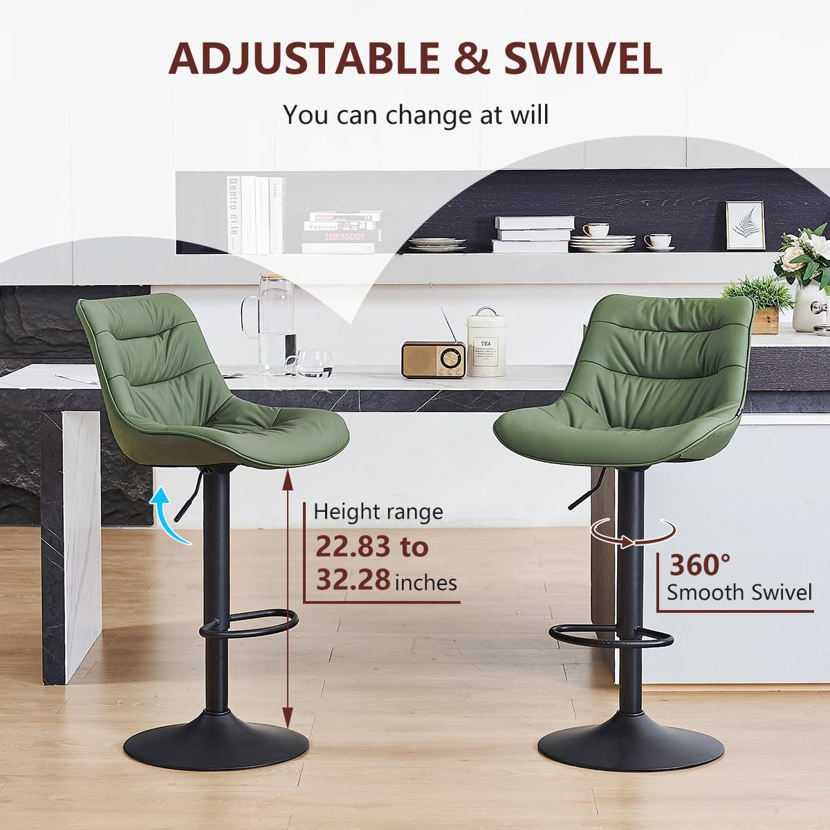 Kidol & Shellder Bar Stools Set of 2 Adjustable Swivel Green, PU Leather Upholstered with Back, Modern Counter Height Stools for Kitchen Island, Home Bar