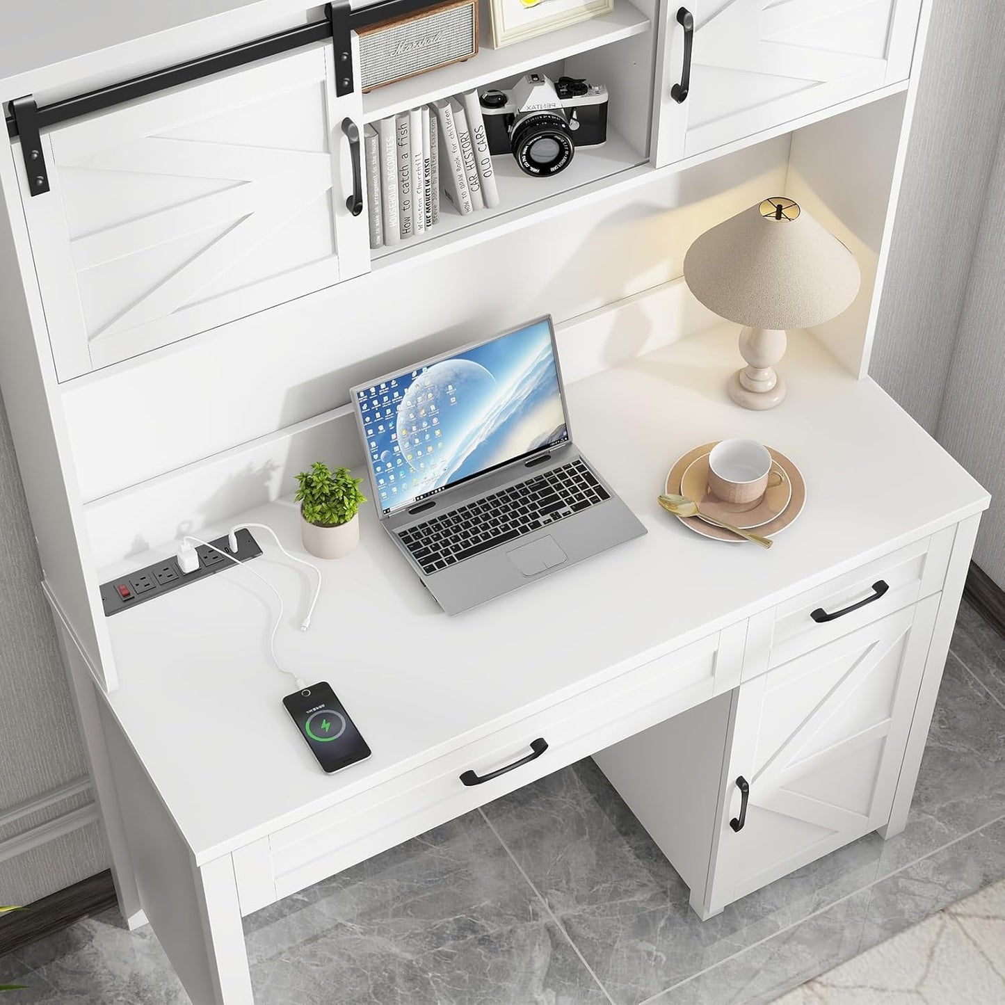 Farmhouse 47" Executive Desk, Computer Desks with 2 Drawers and Storage Cabinet, Home Office Desk with Hutch and Charging Station, Workspace for Work and Study. (Cream White)