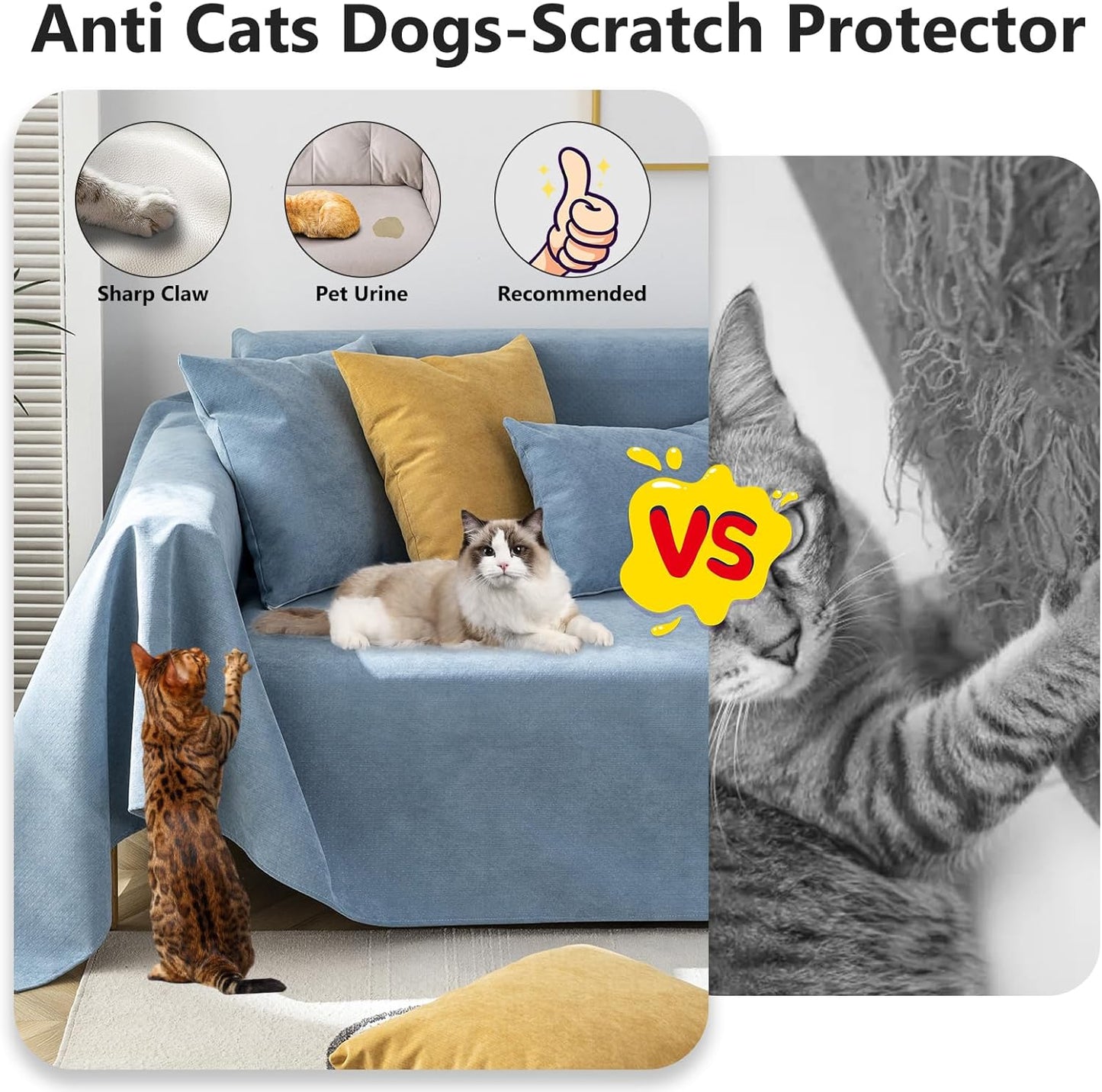 STACYPIK 100% Waterproof Blue Couch Cover for Pets, Sectional L Shape Sofa Cover for 2 Cushion Couch, Anti-Cat Scratch Furniture Protector Cover, Anti Slip Sofa Throw Cover for Dogs Kids-71x102IN