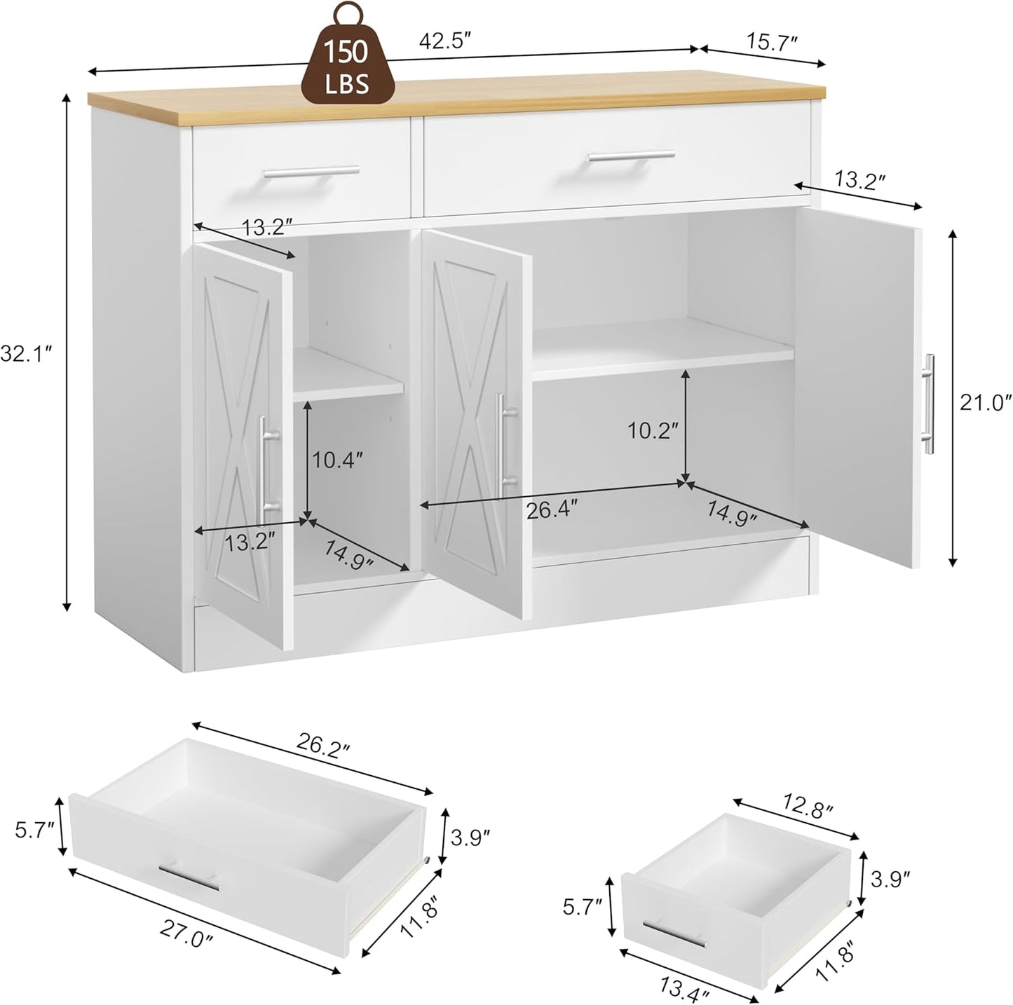 Shintenchi 3 Doors Farmhouse Sideboard Buffet Cabinet,42" Barn Doors Buffet Cabinet with Storage,Wood Coffee Bar Cabinet with Adjustable Shelf for Kitchen,Living Room,White
