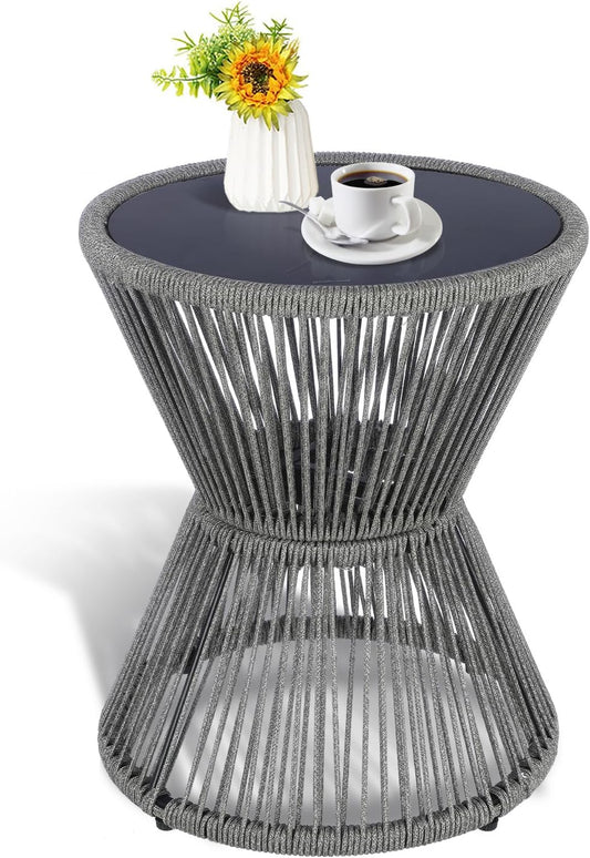LEWIS&WAYNE Small Outdoor Side Table Patio 20’’ H Woven Rope Hourglass End Table with Glass Top Round Coffee Table for Living Room Outdoor Patio Backyard Poolside (Gray)