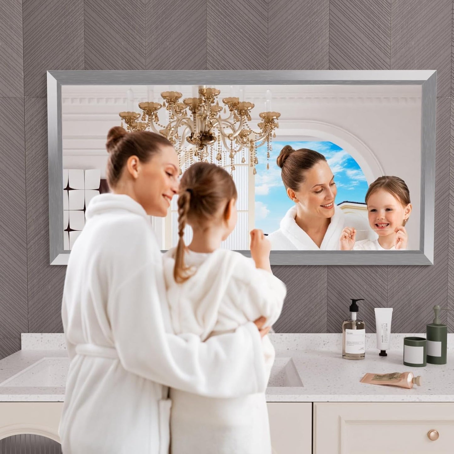 Amorho 60 X30 Inch Bathroom Mirror Silver, Thick Metal Framed Wall Mirrors for Over Sink, Brushed Nickel Mirror Perfect for Bedroom, Living Room, Entryway, Rectangle (Horizontal/Vertical).