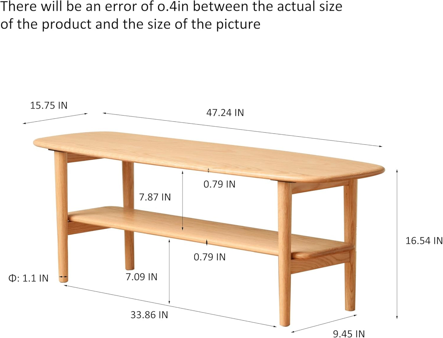 KEIKI 100% Solid Wood Coffee Table, Center Table, Modern Coffee Table with 2-Tier Storage Shelves for Living Room and Small Spacee