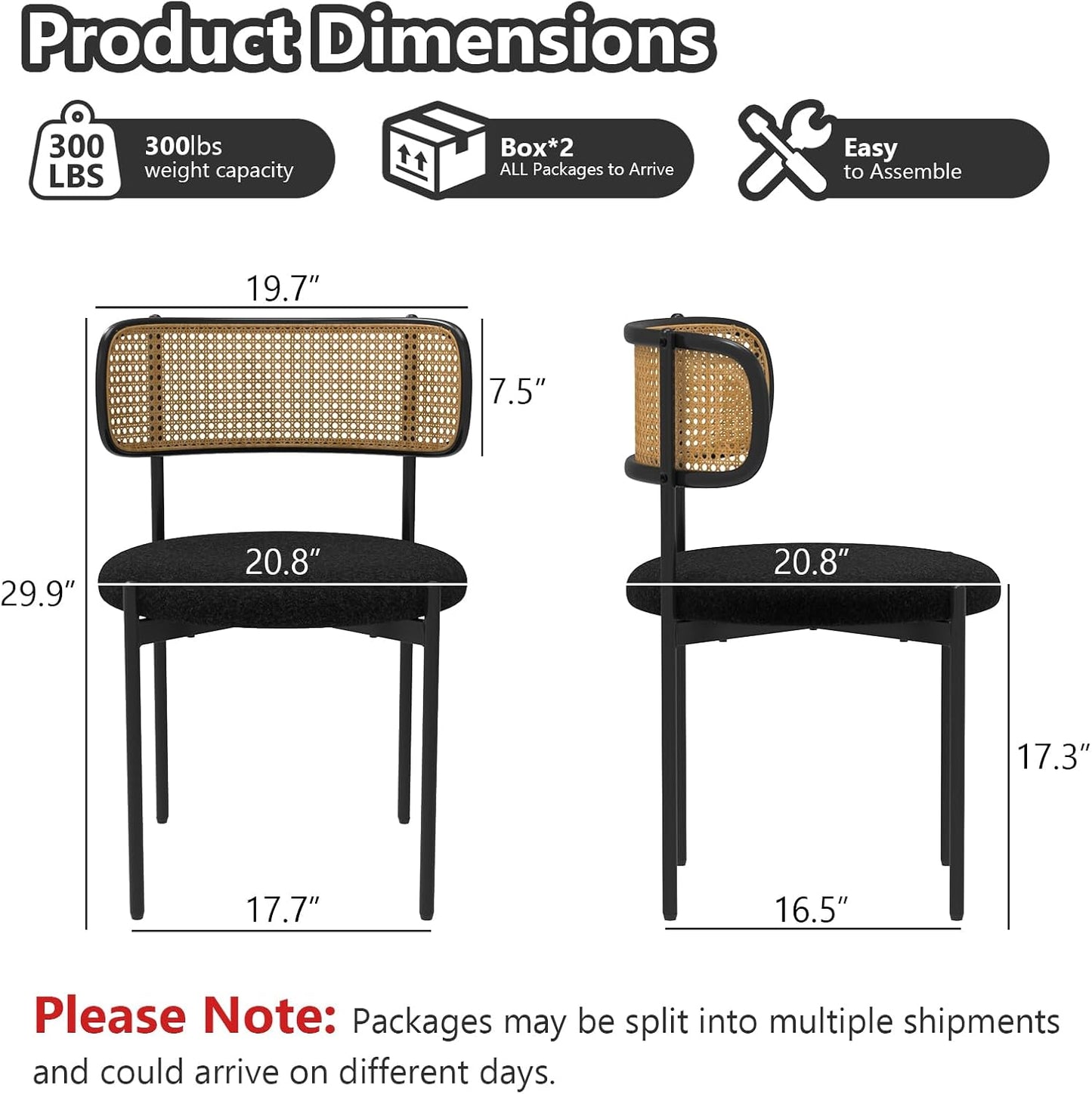 Mid Century Modern Dining Chairs Set of 2 with Rattan Backrest,Velvet Upholstered Accent Kitchen & Dining Room Chairs with Sturdy Metal Frame,Black