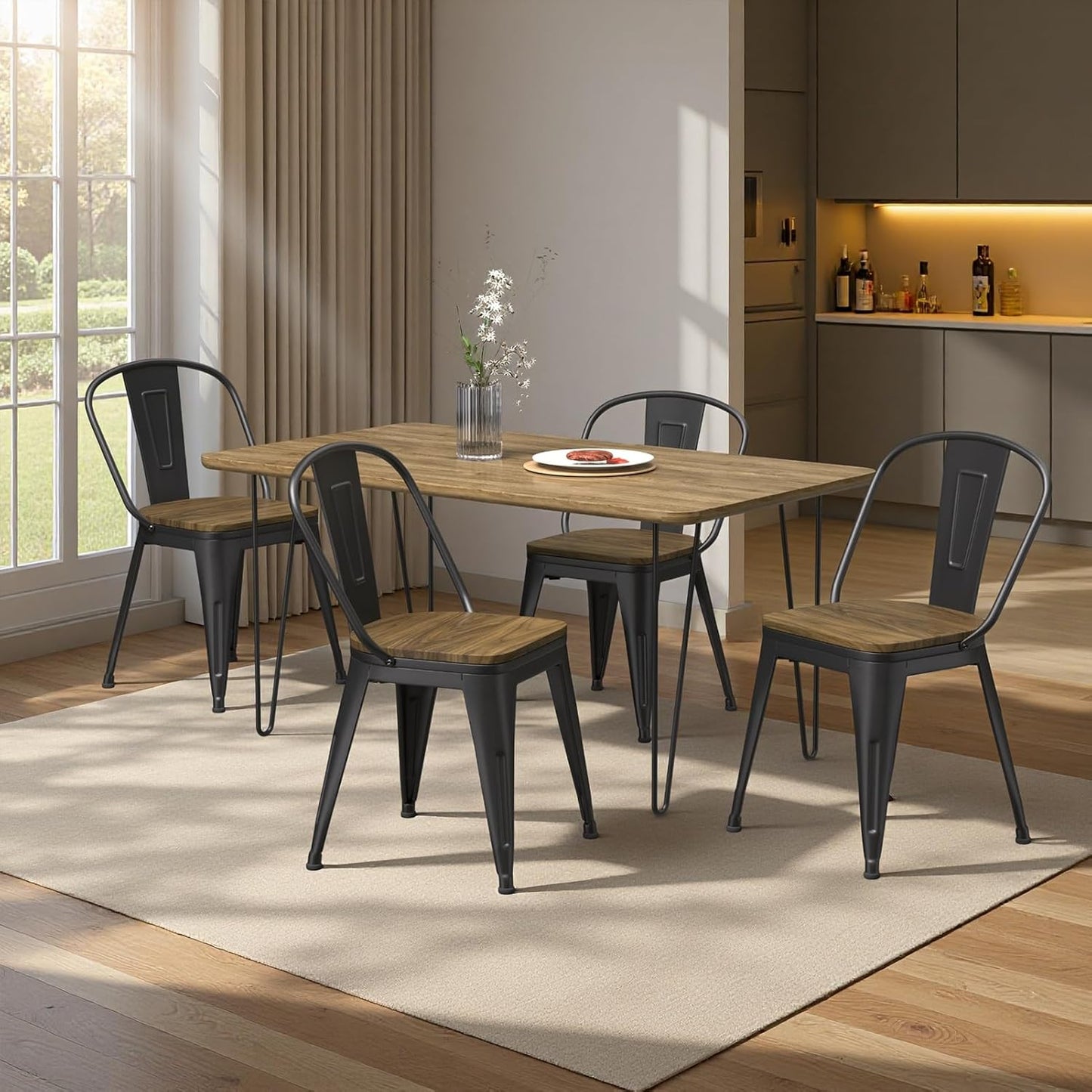 18 Inch Dining Chairs Set of 4, Farmhouse Metal Chairs with High Back and Wooden Seat, Stackable Industrial Bar stools for Dining Room(Black)